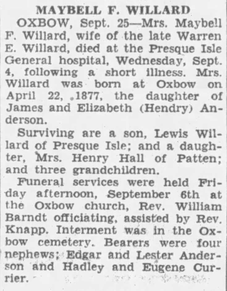 Obituary in Bangor Daily News, 26 September 1946