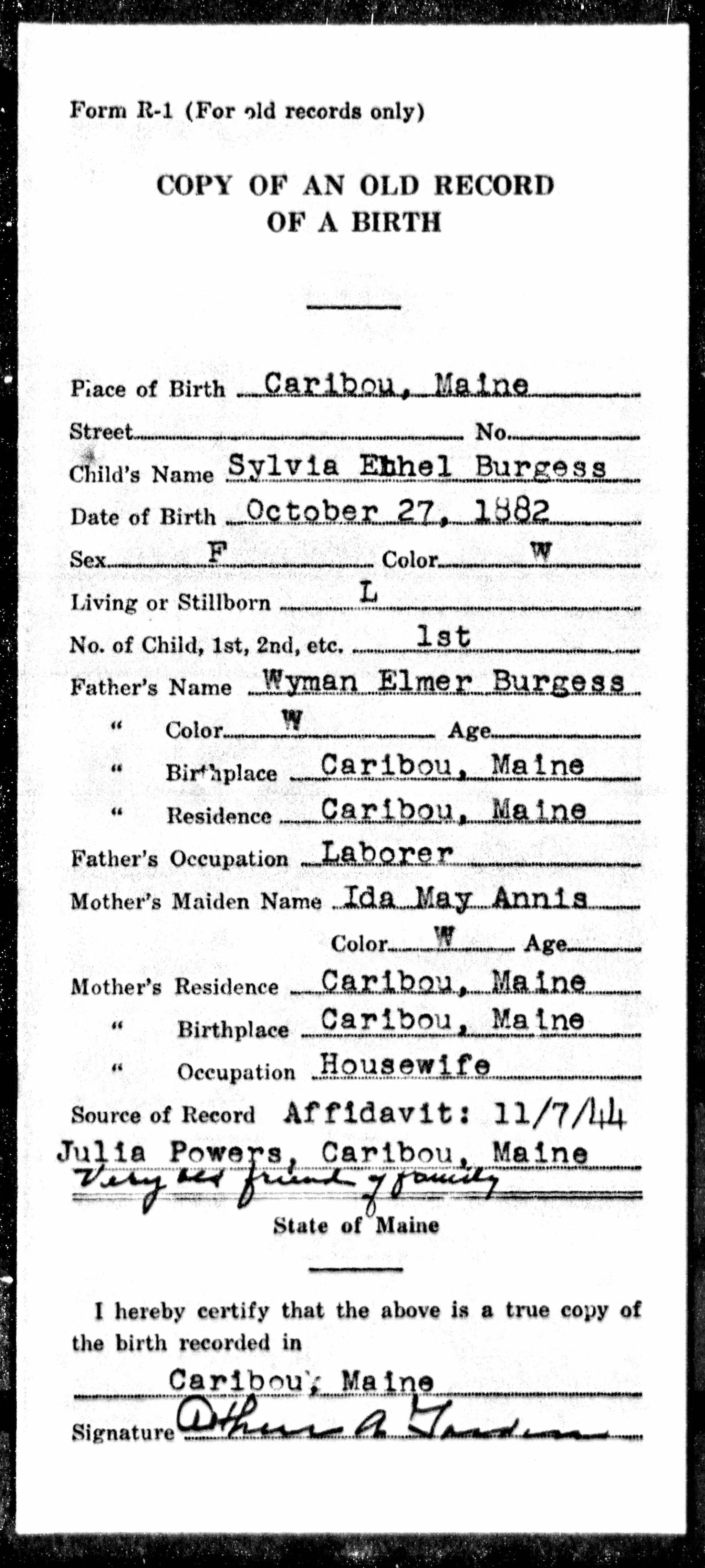 Birth Record — Sylvia Ethel Burgess Birth Record — Sylvia Ethel Burgess