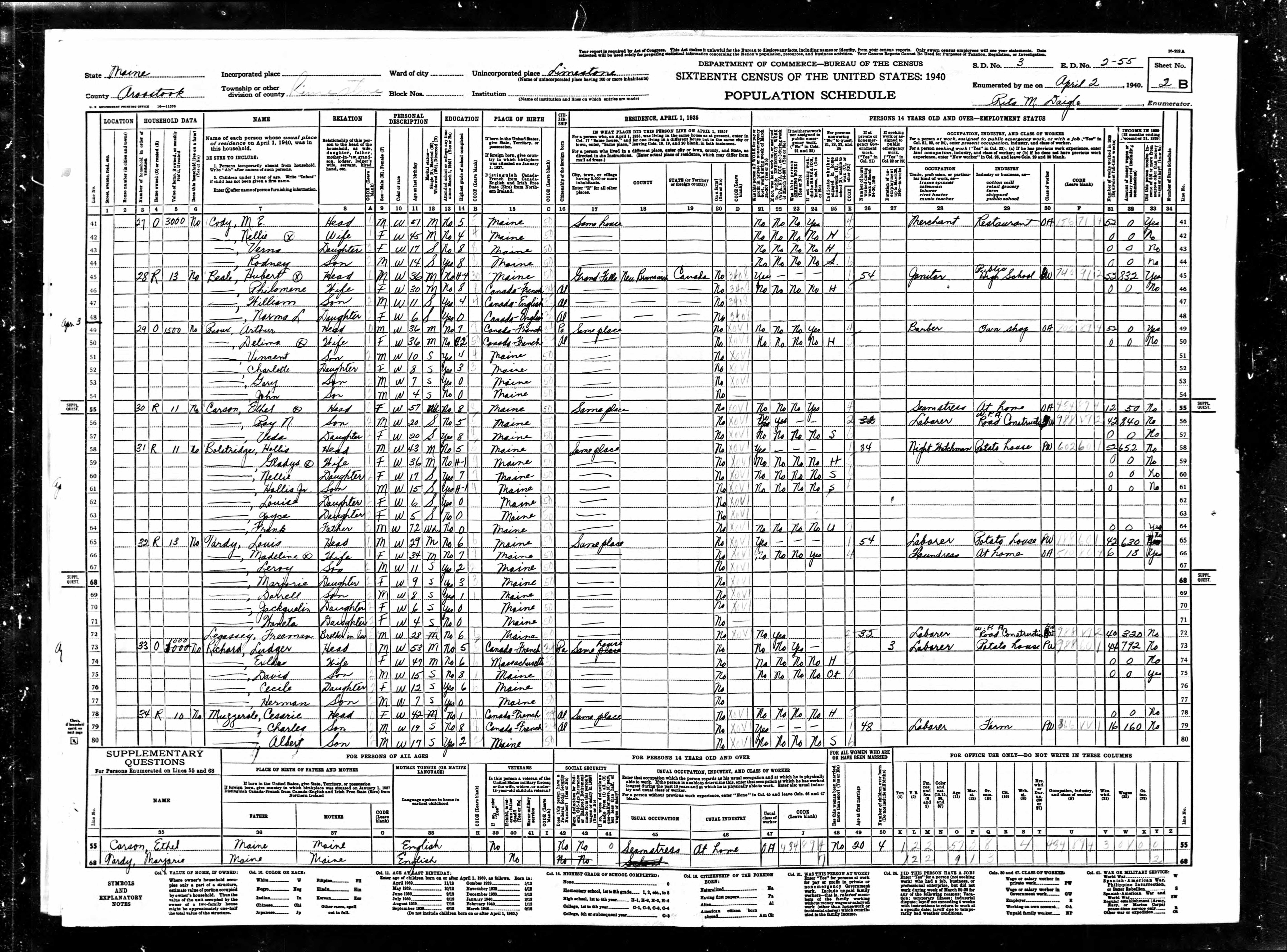 1940 US Census — Limestone, Maine 1940 US Census — Limestone, Maine