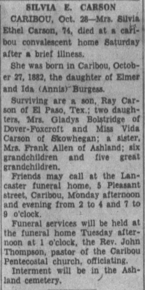 Obituary in the Bangor Daily News, 29 October 1956 Obituary in the Bangor Daily News, 29 October 1956