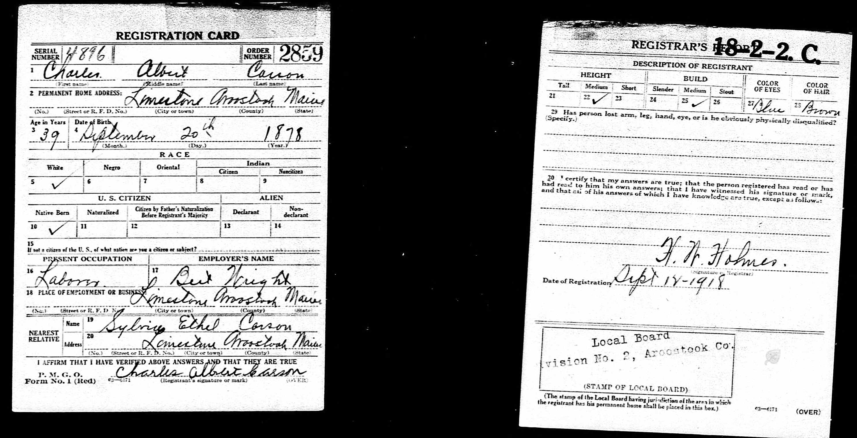 World War I Draft Registration Record — Charles Albert Carson World War I Draft Registration Record — Charles Albert Carson