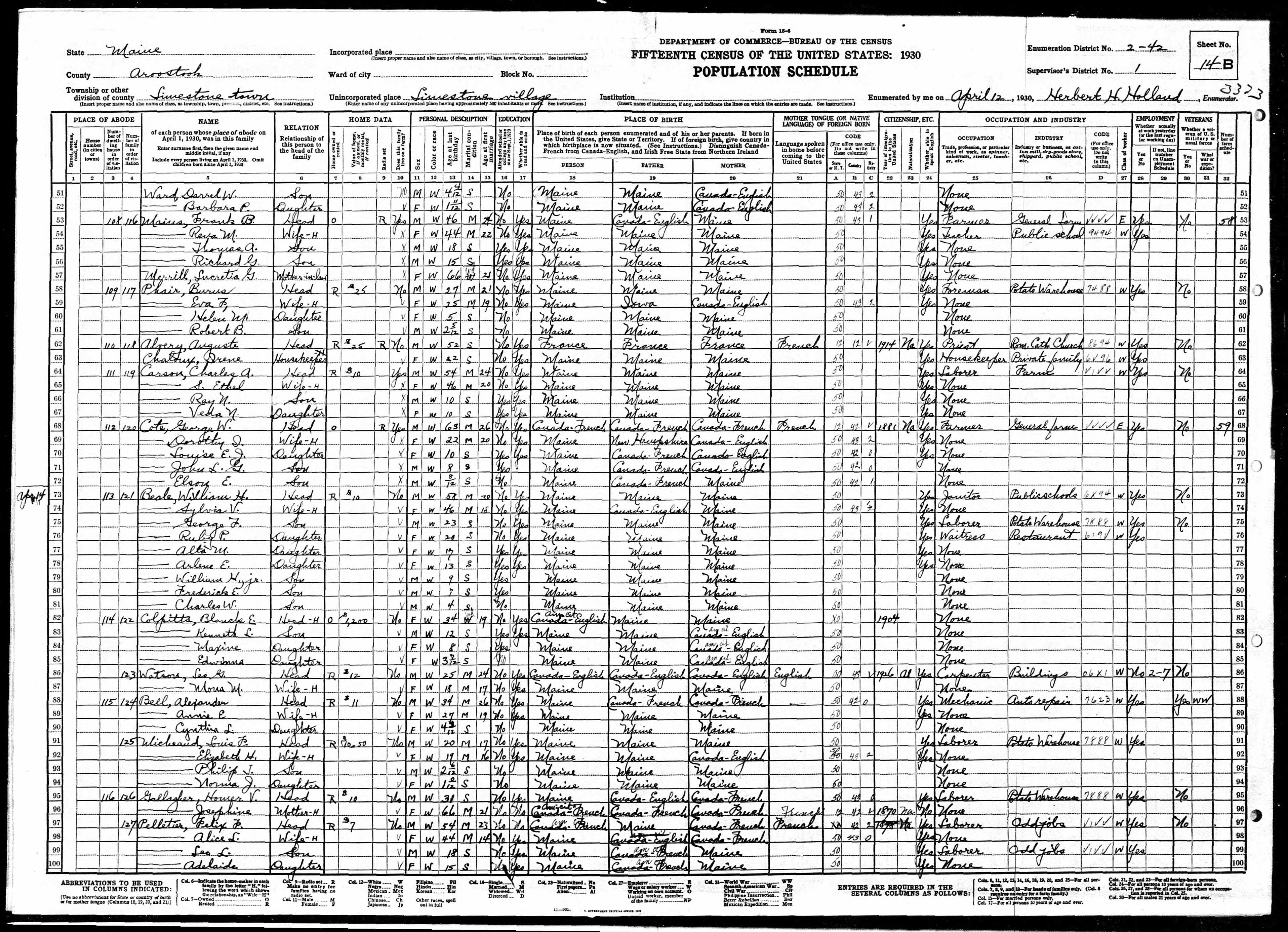 1930 US Census — Limestone, Maine 1930 US Census — Limestone, Maine