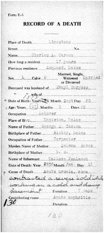 Death Record (front) — Charles A. Carson Death Record (front) — Charles A. Carson