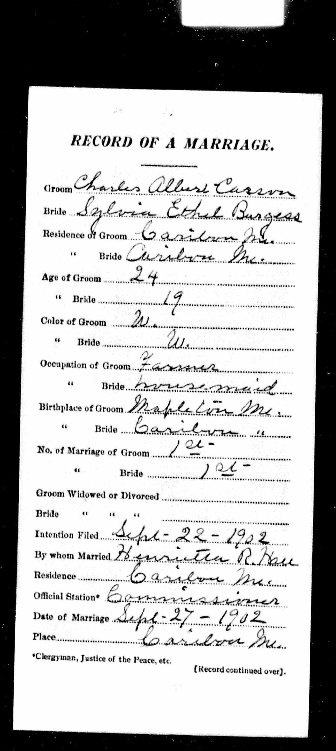 Marriage Record (front) — Charles Albert Carson and Sylvia Ethel Burgess Marriage Record (front) — Charles Albert Carson and Sylvia Ethel Burgess
