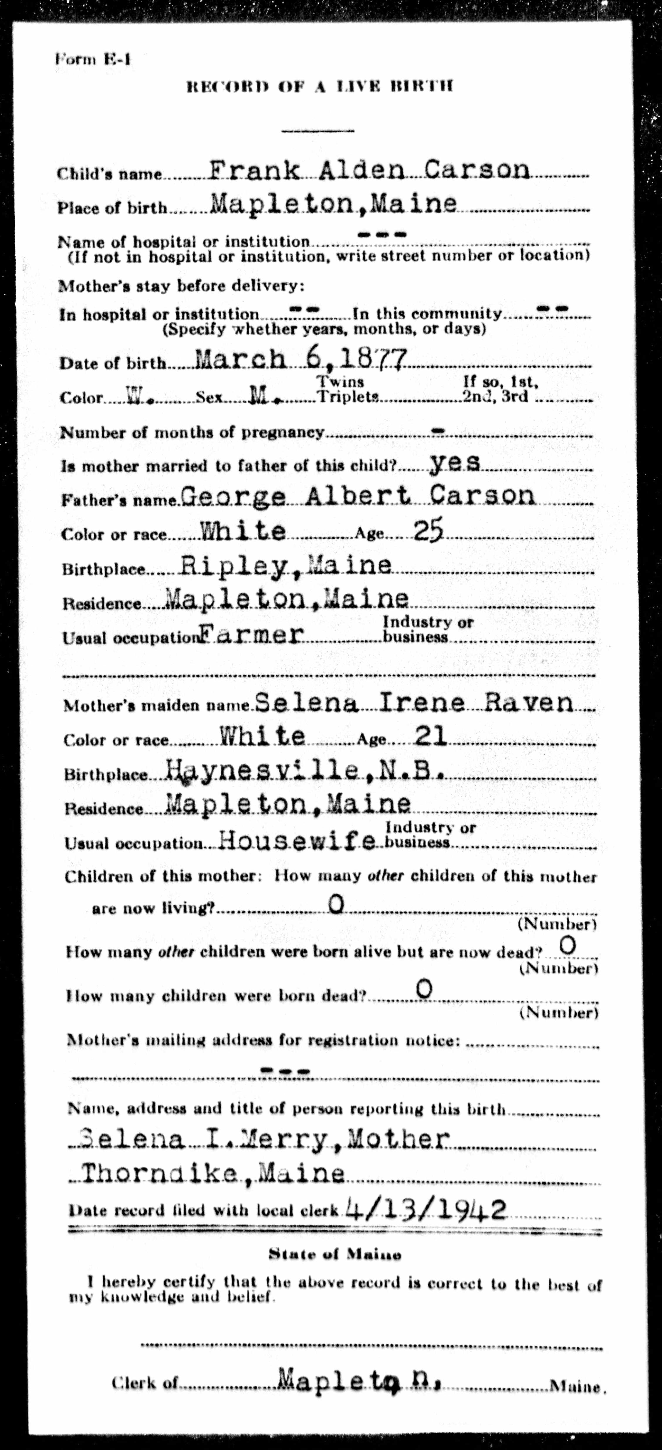 Record of a Live Birth - Frank Alden Carson Record of a Live Birth - Frank Alden Carson