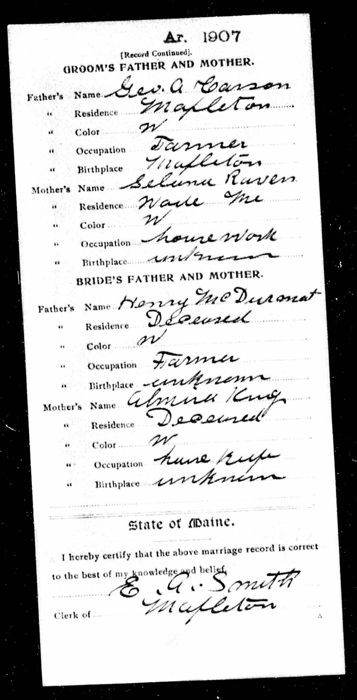 Marriage Record (back) — Frank A. Carson and Laney McDermott Marriage Record (back) — Frank A. Carson and Laney McDermott