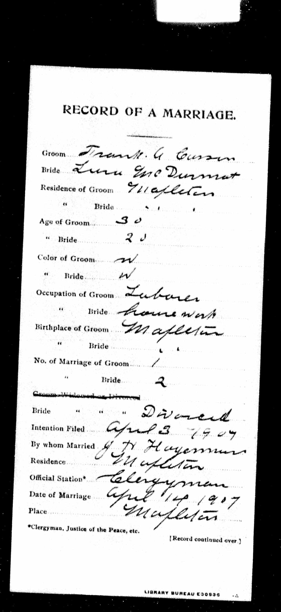 Marriage Record (front) — Frank A. Carson and Laney McDermott Marriage Record (front) — Frank A. Carson and Laney McDermott