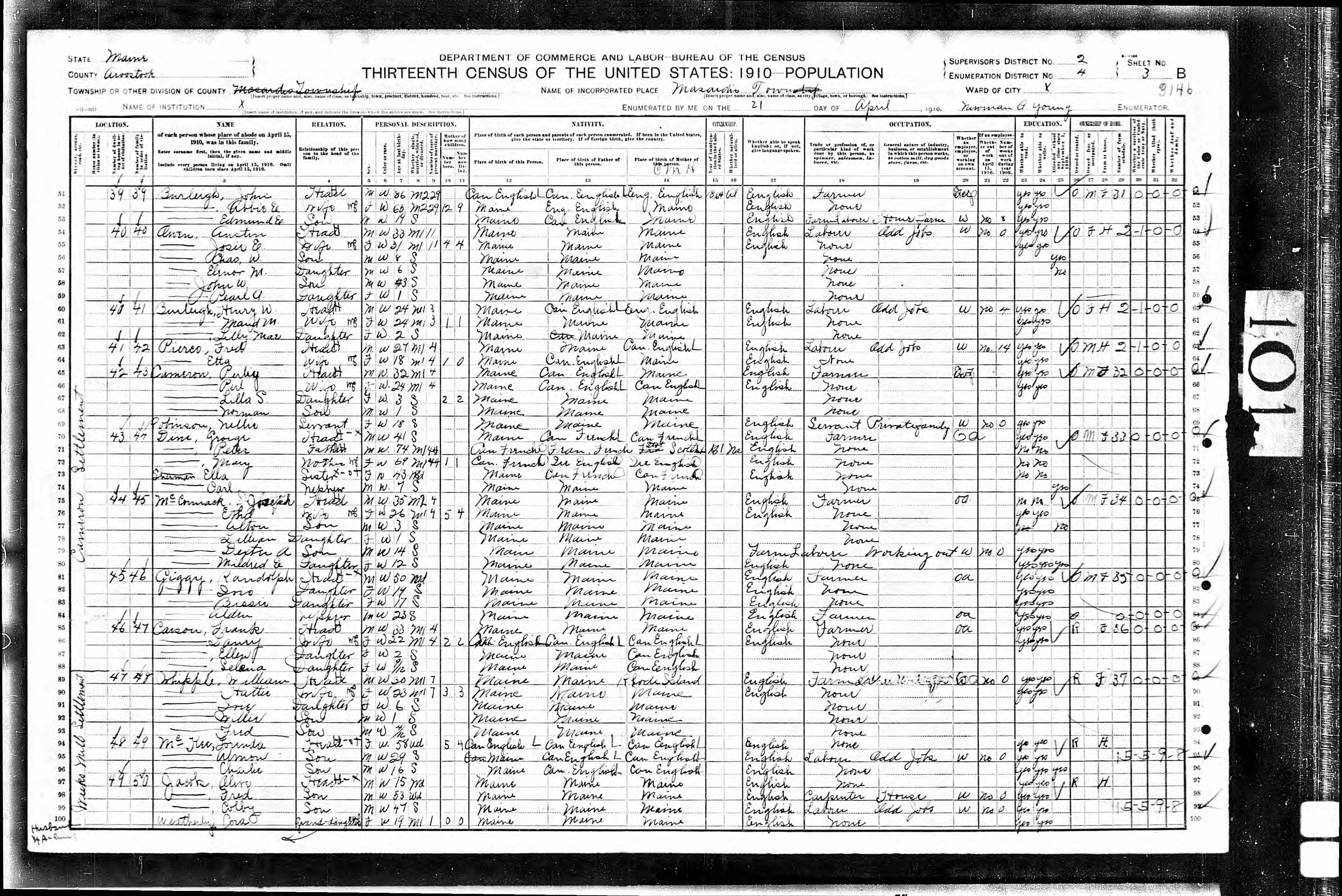 1910 US Census — Masardis, Maine 1910 US Census — Masardis, Maine