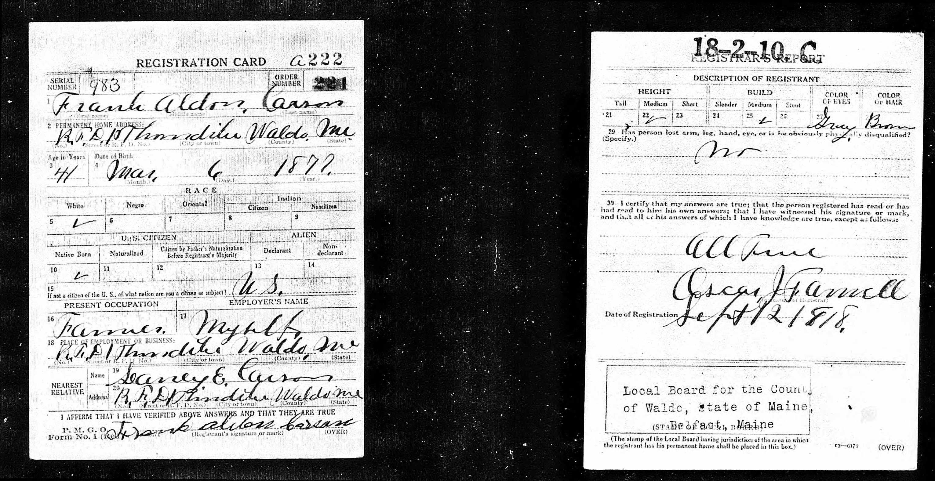 World War I Draft Registration Record — Frank Alden Carson World War I Draft Registration Record — Frank Alden Carson