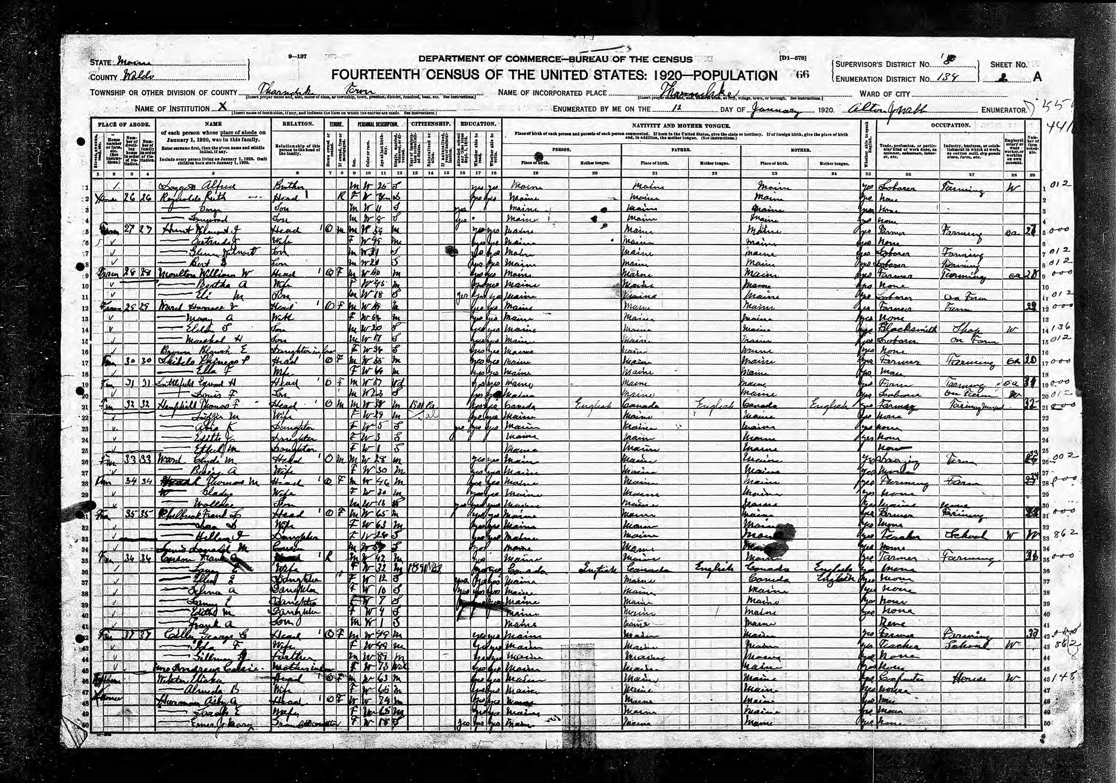 1920 US Census — Thorndike, Maine 1920 US Census — Thorndike, Maine