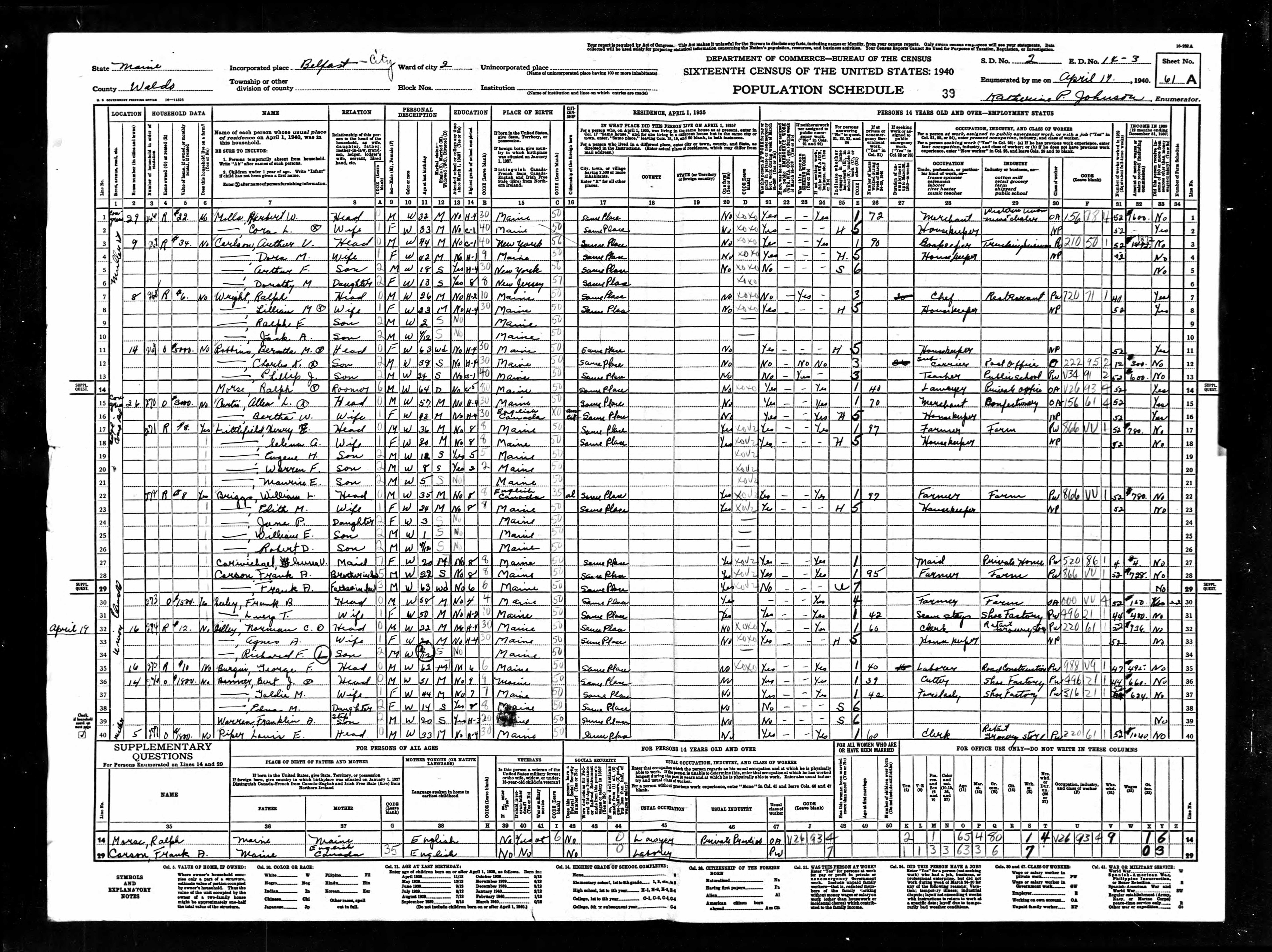 1940 US Census — Belfast, Maine 1940 US Census — Belfast, Maine