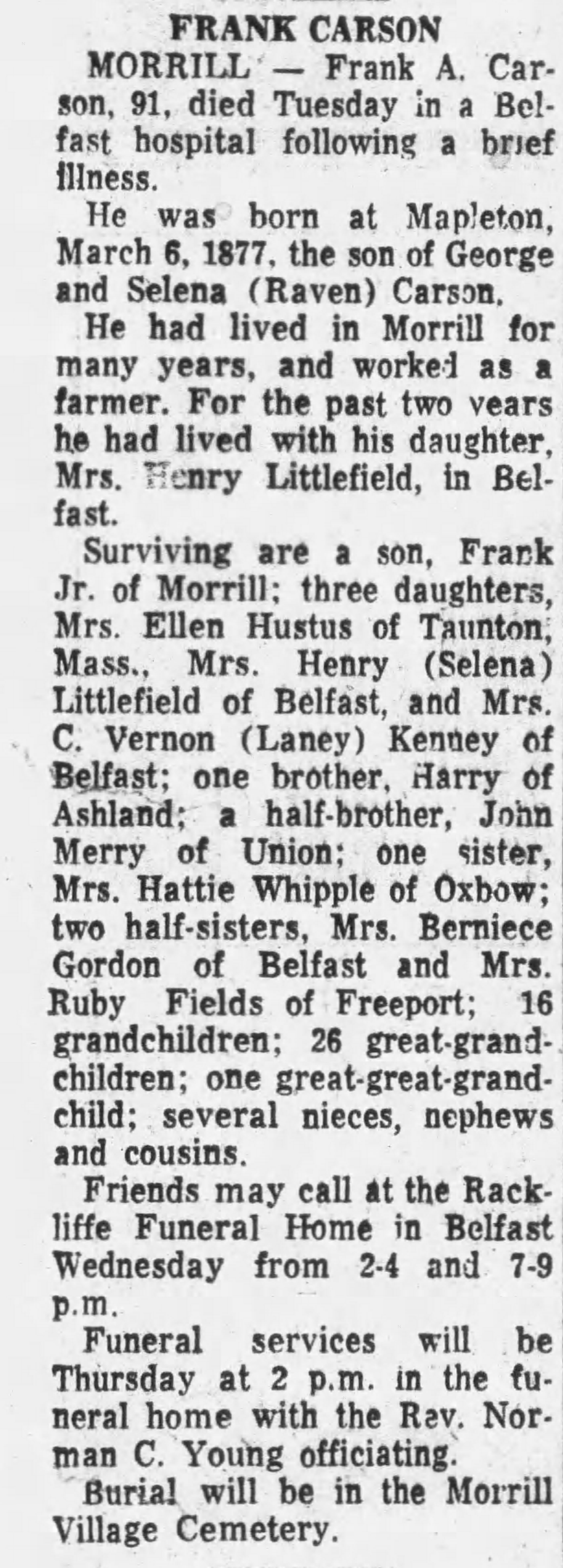 Obituary of Frank Carson in the Bangor Daily News, 30 October 1968 Obituary of Frank Carson in the Bangor Daily News, 30 October 1968