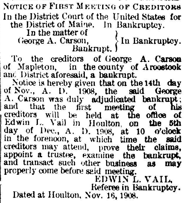 Notice in The Aroostook Times, 18 November 1908 Notice in The Aroostook Times, 18 November 1908