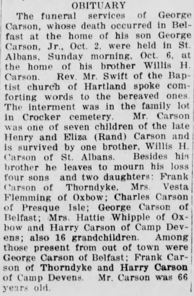 Obituary of George Carson in the The Independent-Reporter, 10 October 1918 Obituary of George Carson in the The Independent-Reporter, 10 October 1918