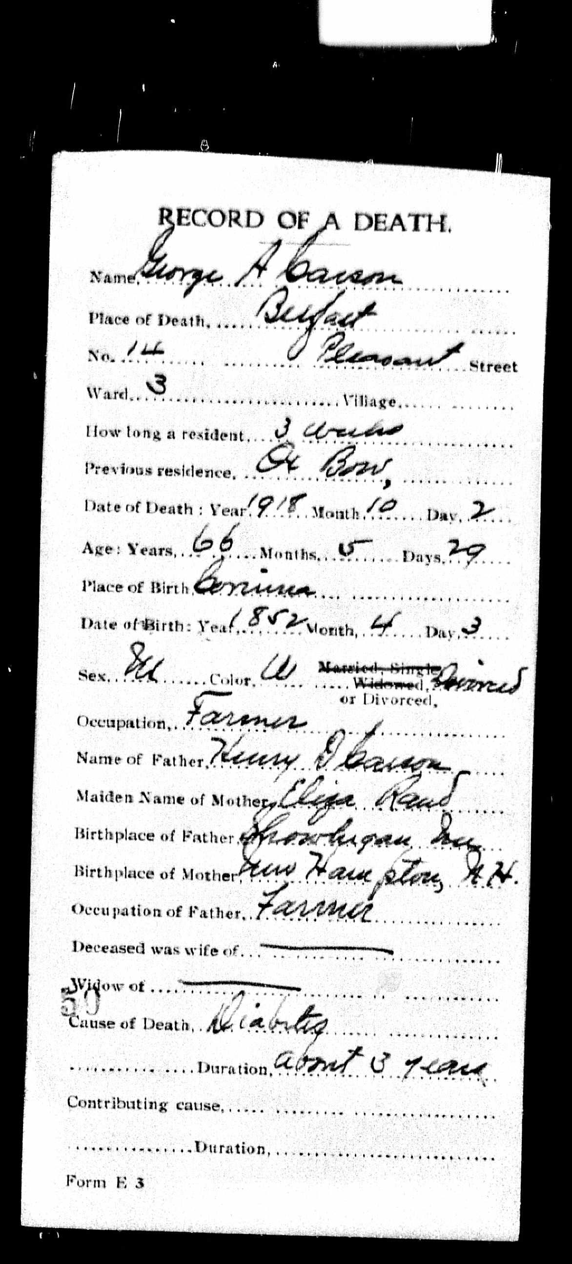 George Albert Carson - 1918 Death Record