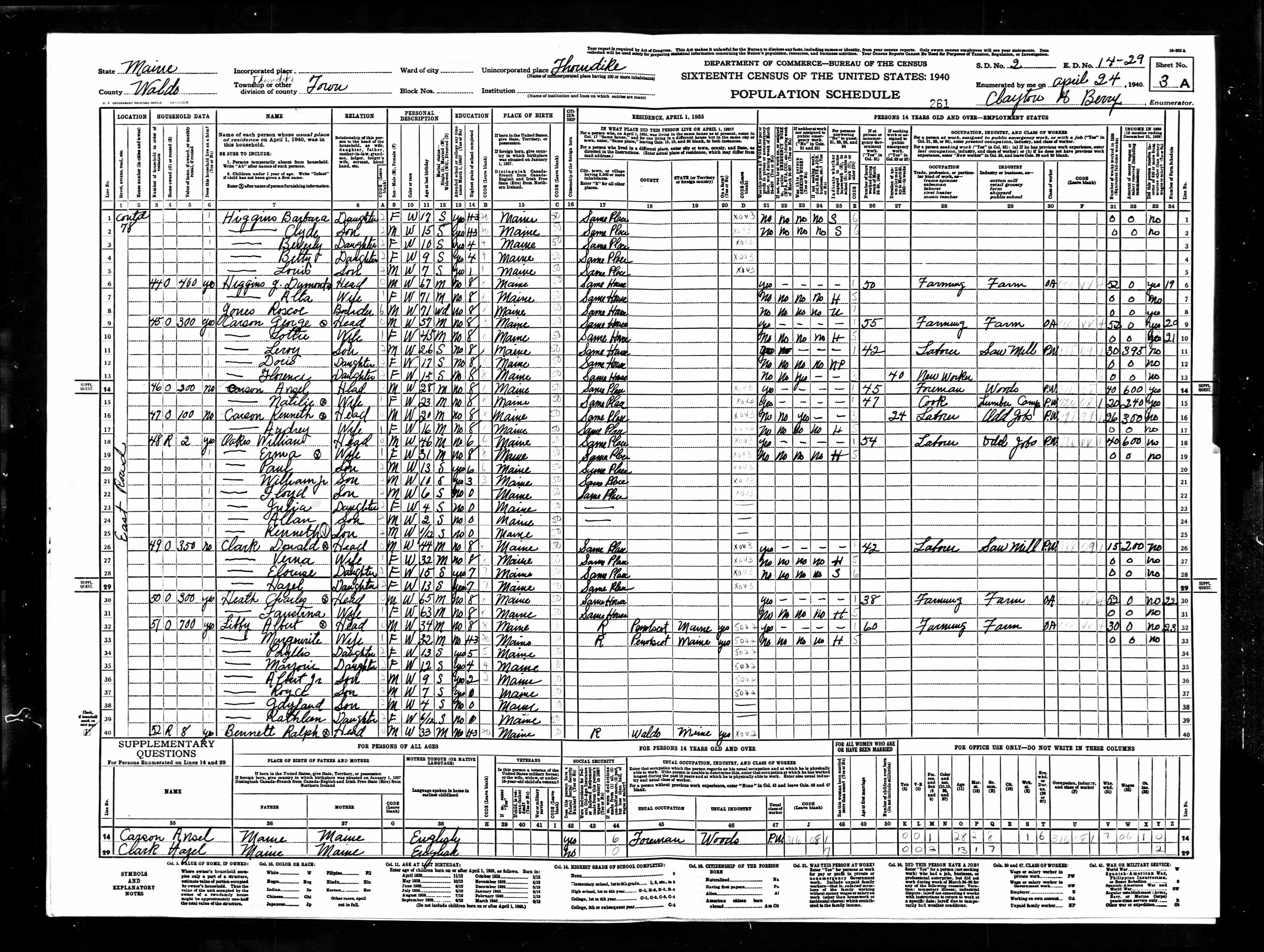 1940 US Census — Thorndike, Maine 1940 US Census — Thorndike, Maine