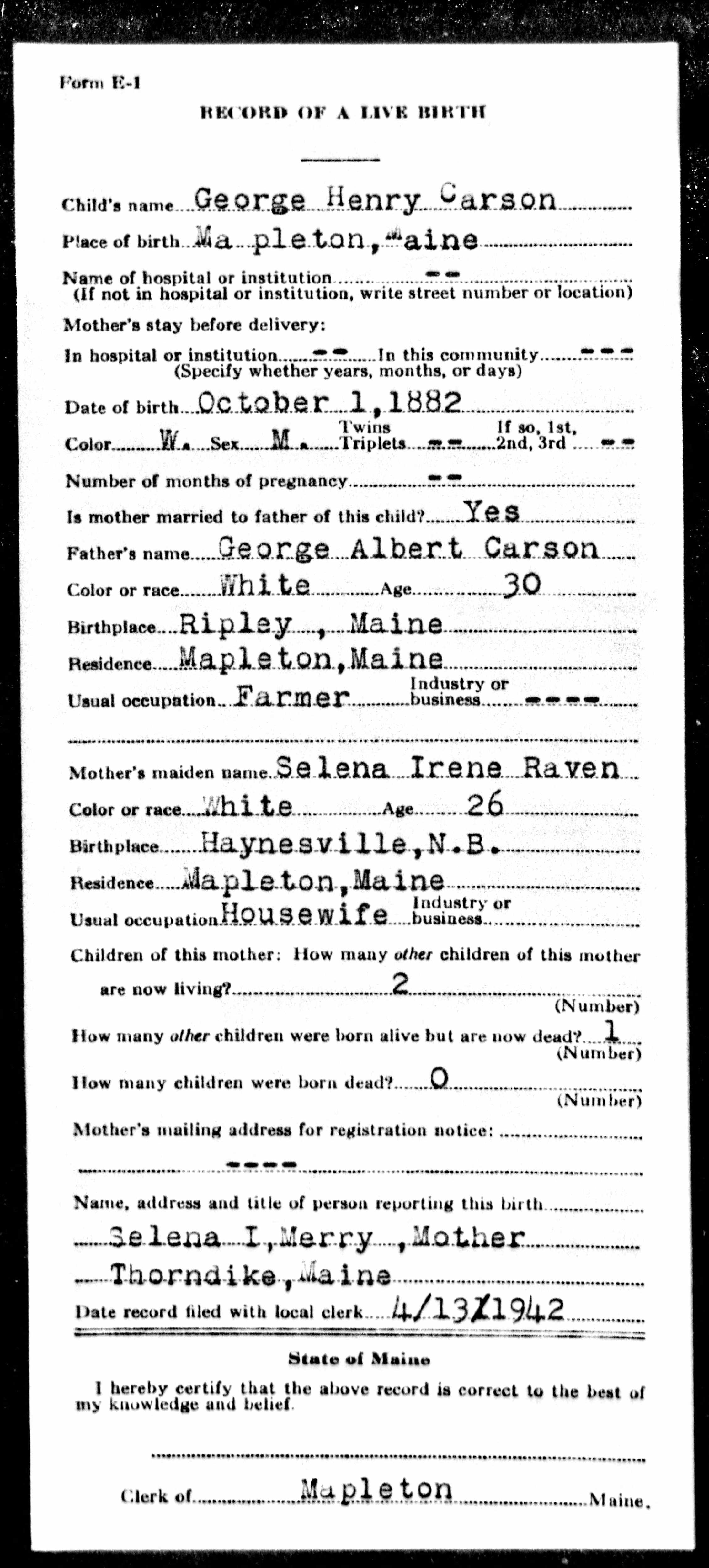 Birth Record — George Henry Carson Birth Record — George Henry Carson