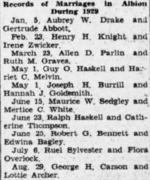 notice of 1929 marriages in the town of Albion, Maine from the Waterville Morning Sentinel, 20 March 1930 notice of 1929 marriages in the town of Albion, Maine from the Waterville Morning Sentinel, 20 March 1930