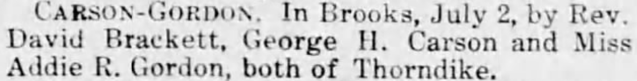 notice of Carson—Gordon marriage in Republican Journal, 7 July 1910 notice of Carson—Gordon marriage in Republican Journal, 7 July 1910