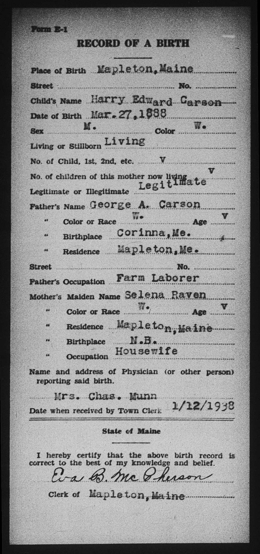 Maine Birth Record — Harry Edward Carson Maine Birth Record — Harry Edward Carson