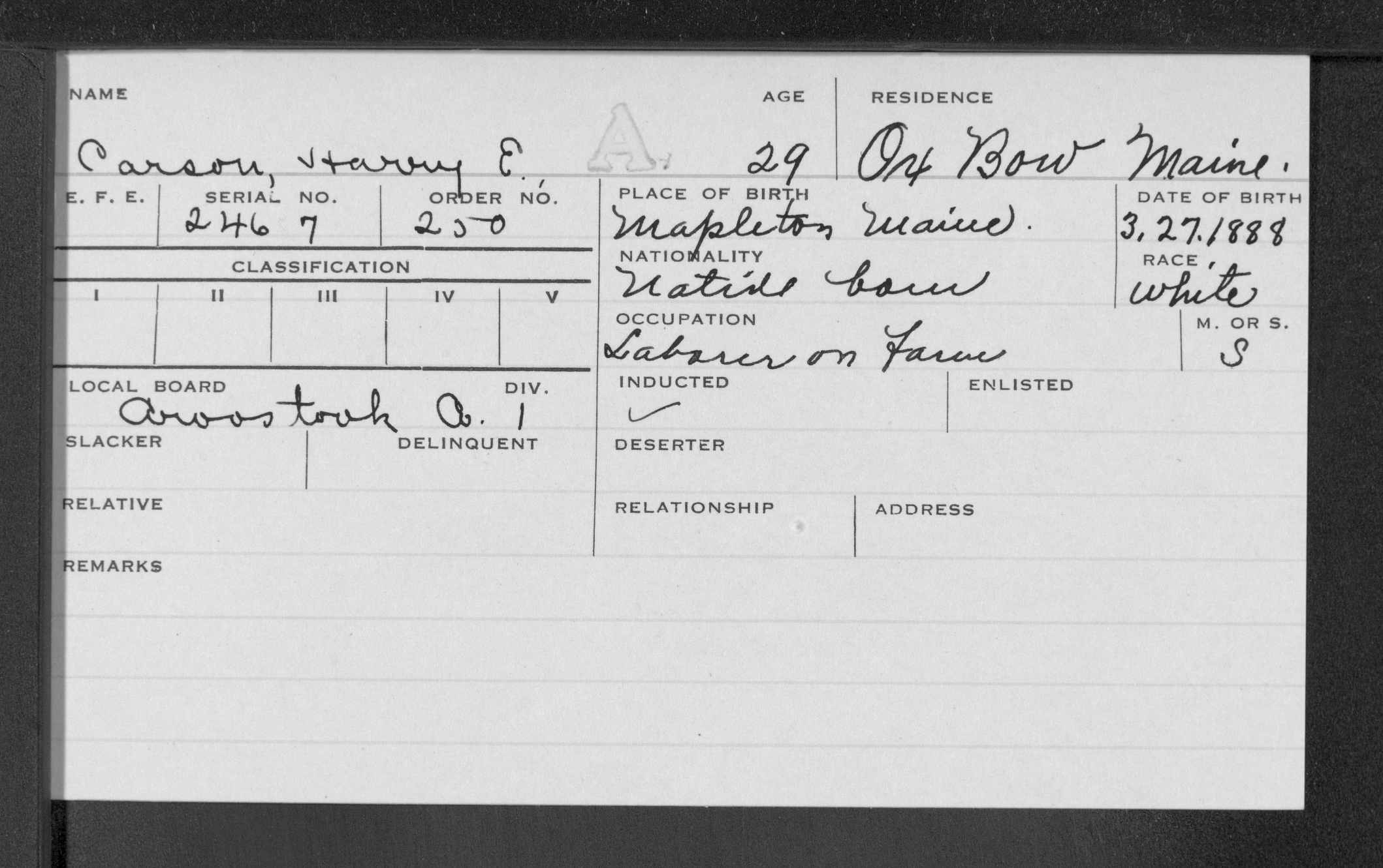 World War I Draft Registration Card — Harry E. Carson World War I Draft Registration Card — Harry E. Carson