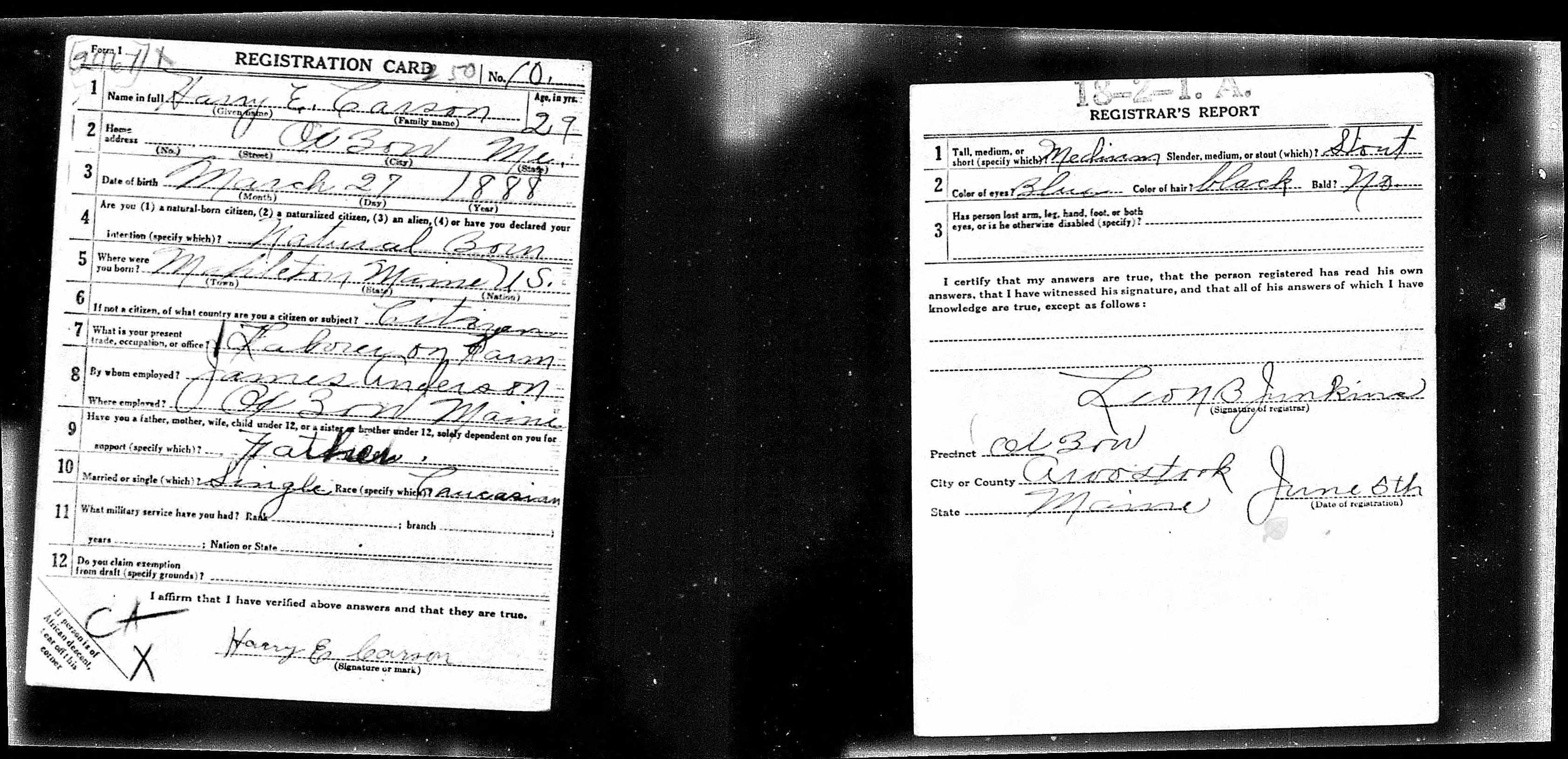 World War I Registration Card — Harry E. Carson World War I Registration Card — Harry E. Carson