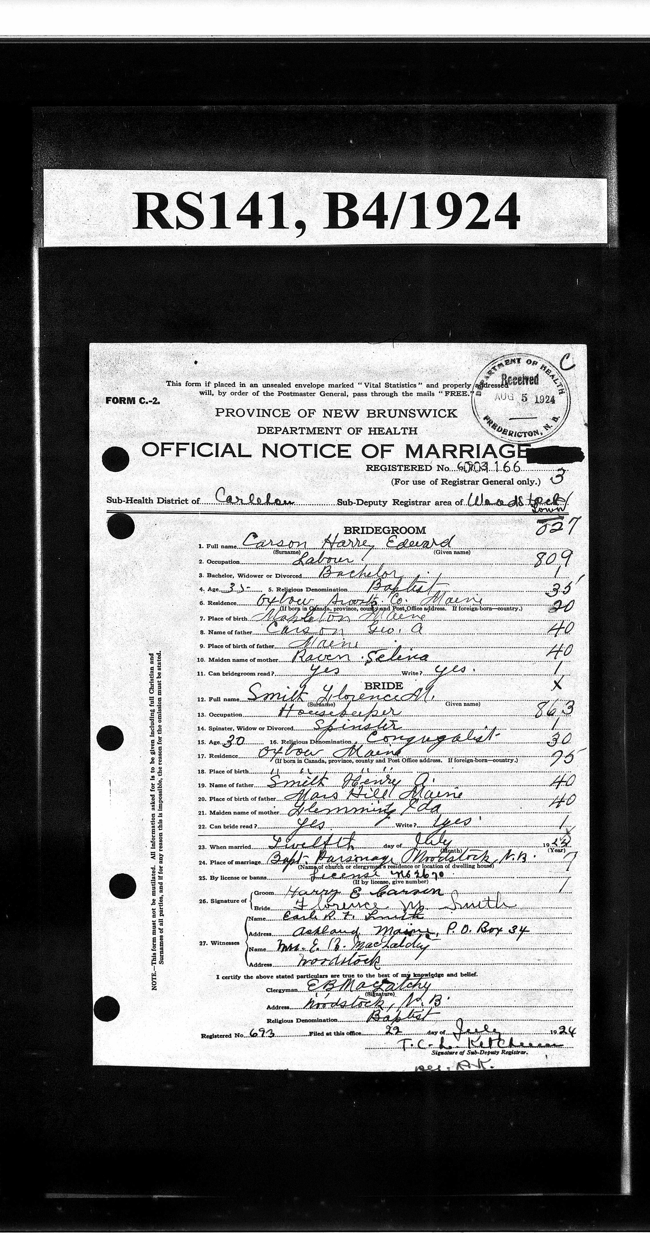New Brunswick Marriage Record — Harry Edward Carson and Florence M. Smith New Brunswick Marriage Record — Harry Edward Carson and Florence M. Smith