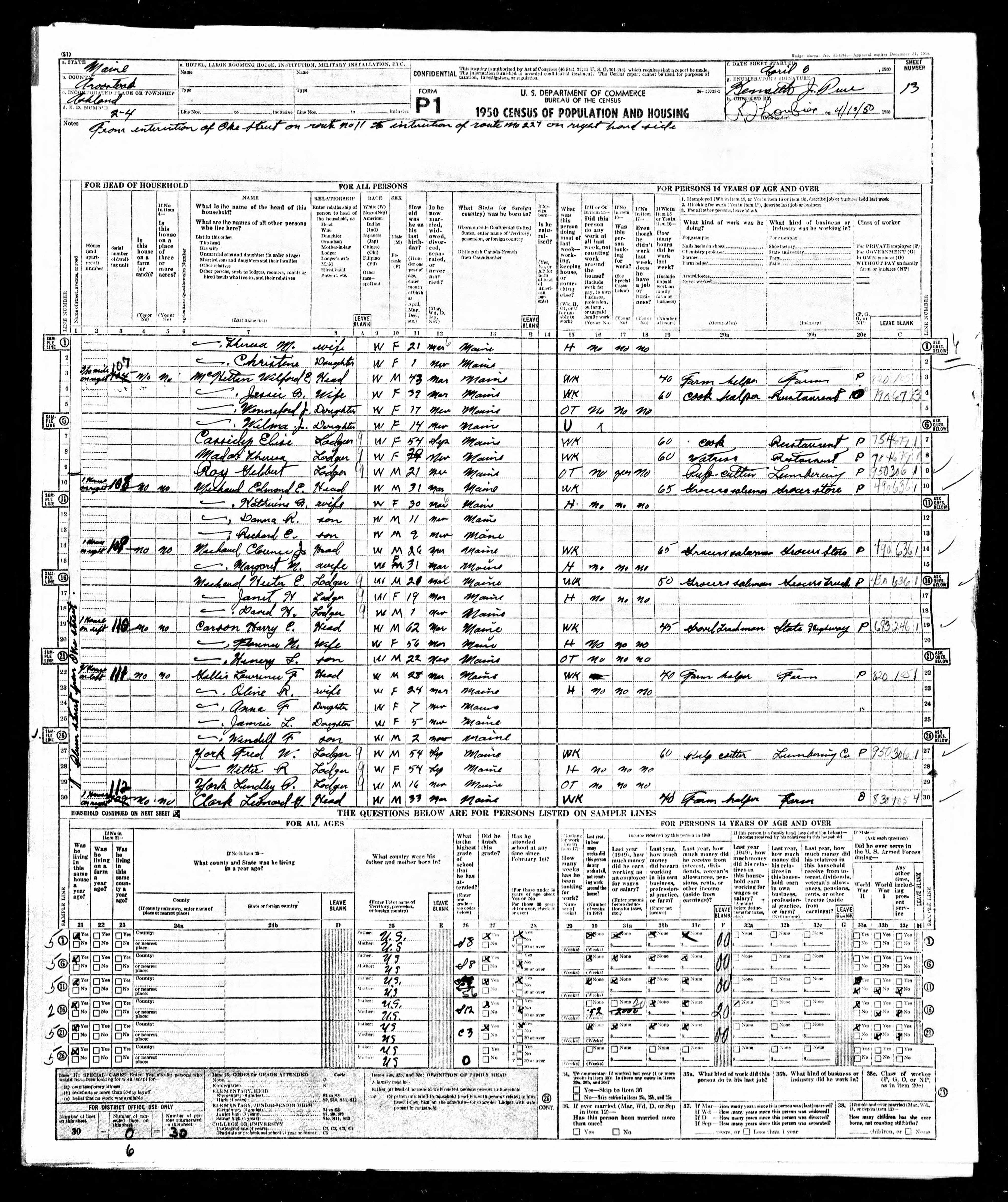 1950 US Census — Ashland, Maine 1950 US Census — Ashland, Maine