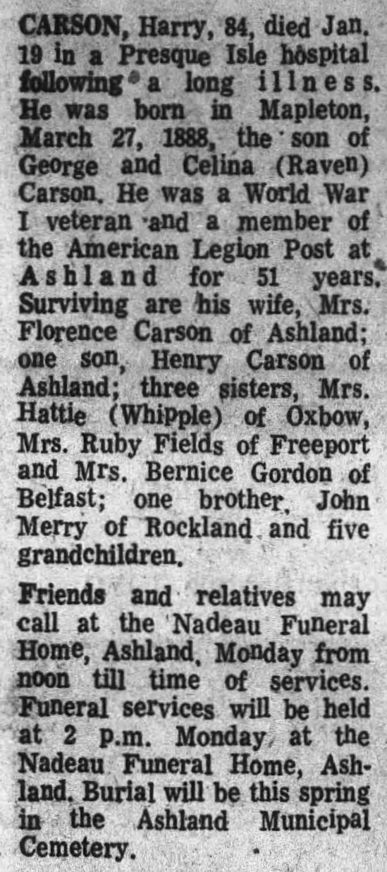 Obituary of Harry Carson in the Bangor Daily News, 22 January 1973 Obituary of Harry Carson in the Bangor Daily News, 22 January 1973