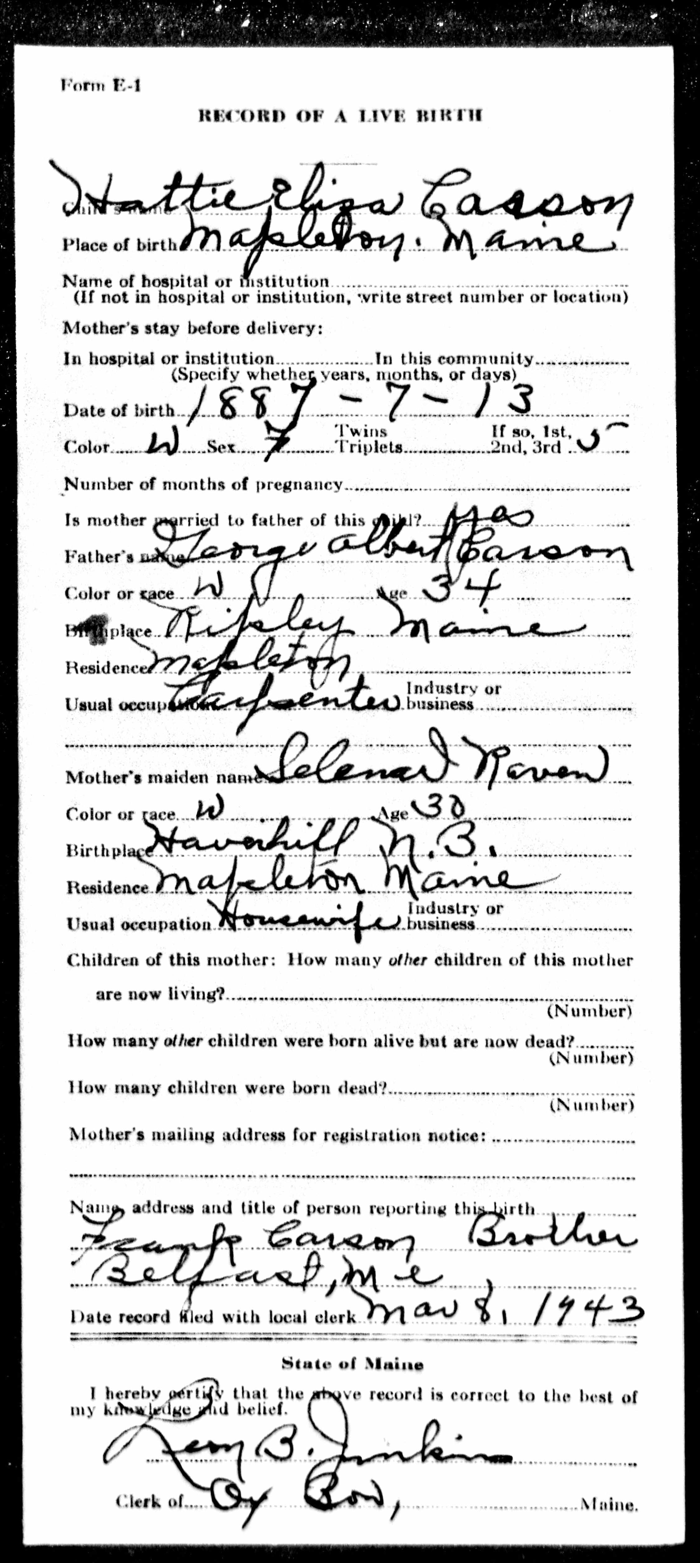Maine Birth Record — Hattie Eliza Carson Maine Birth Record — Hattie Eliza Carson