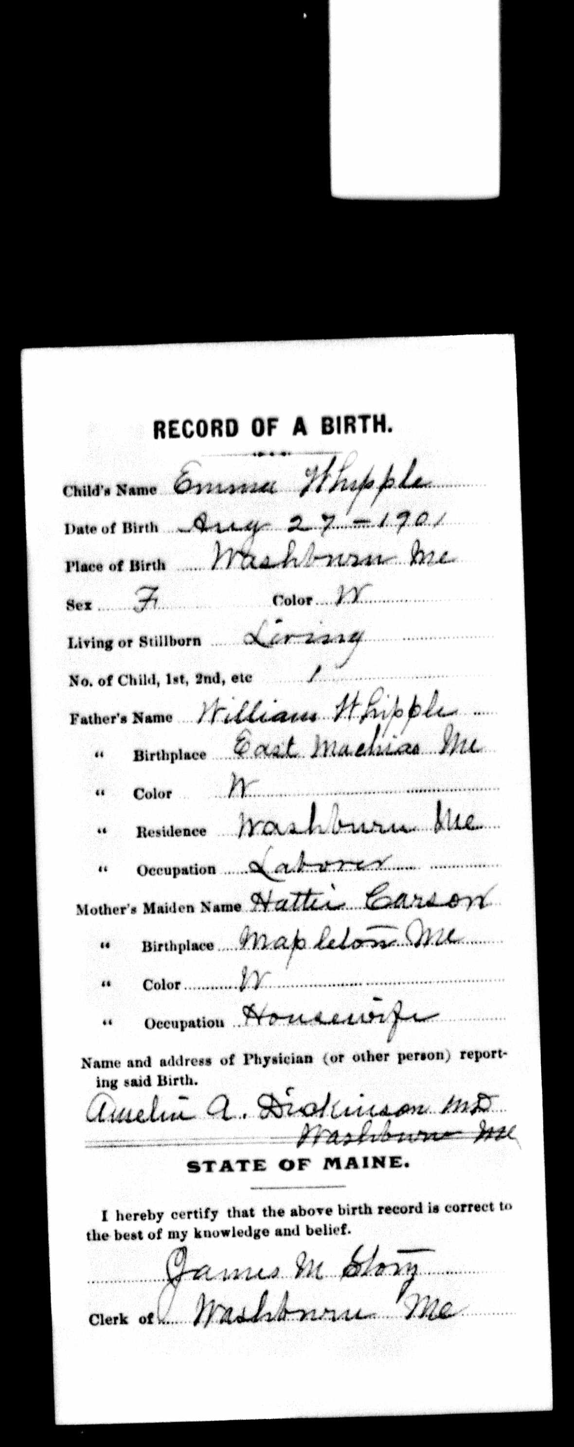 Birth Record — Emma Whipple Birth Record — Emma Whipple