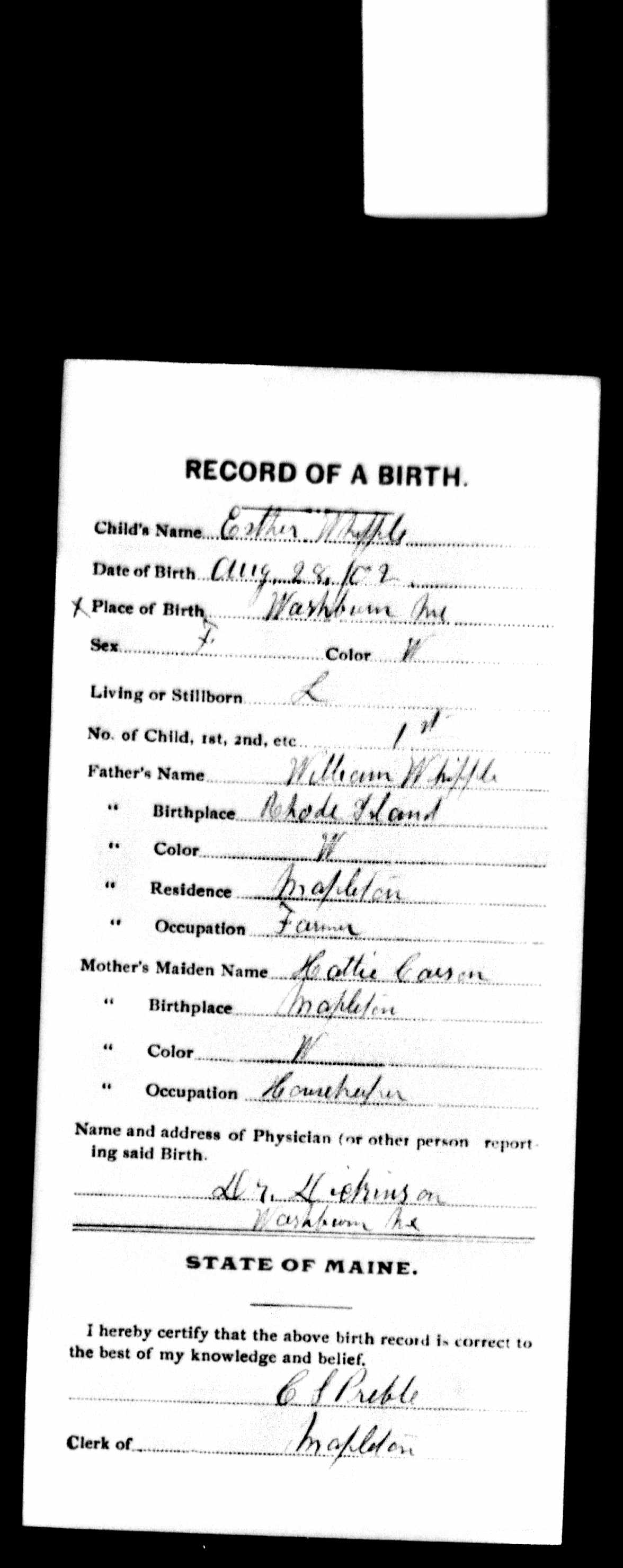 Birth Record — Esther Whipple Birth Record — Esther Whipple