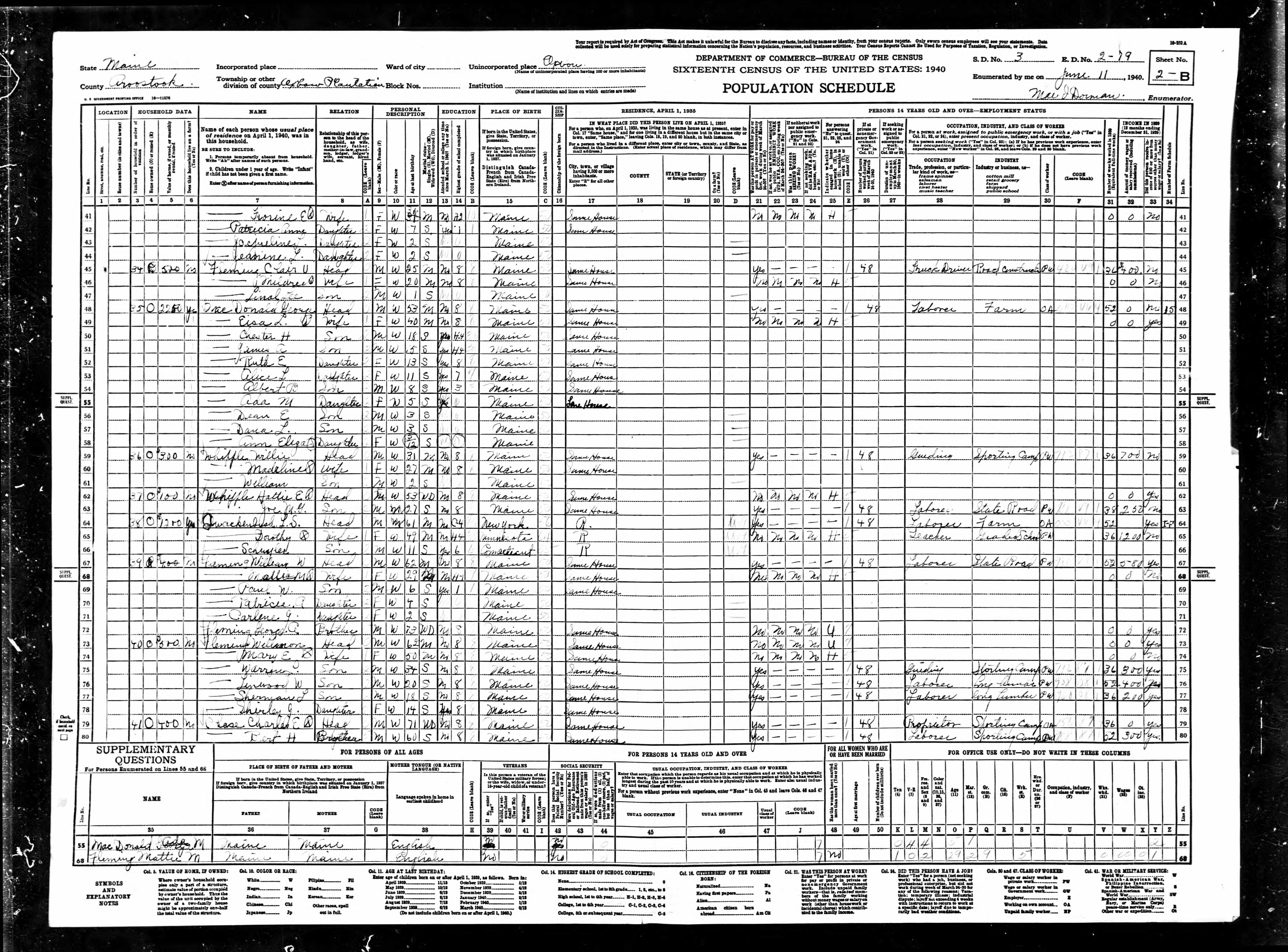 1940 US Census — Oxbow, Maine 1940 US Census — Oxbow, Maine