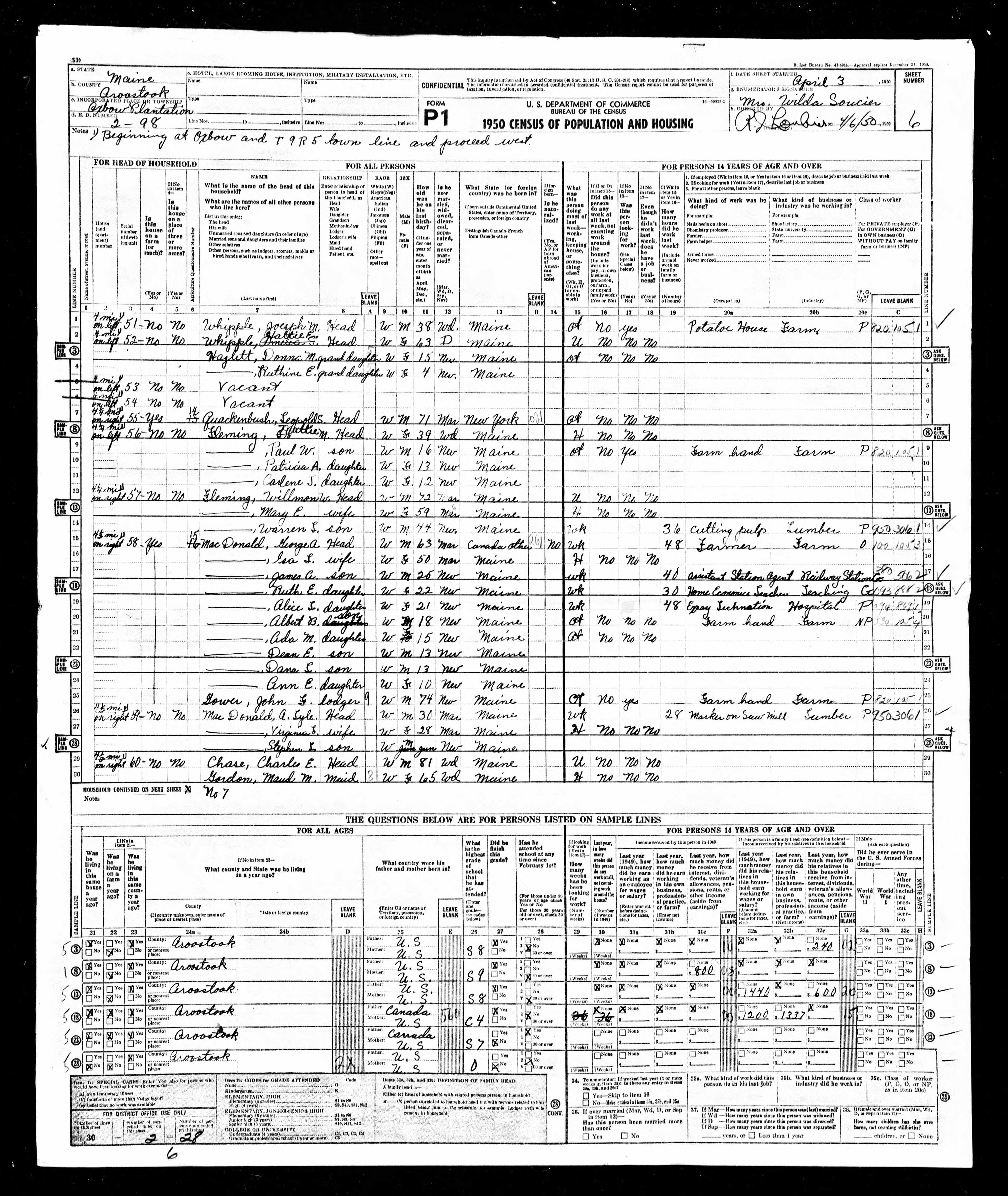 1950 US Census — Oxbow, Maine 1950 US Census — Oxbow, Maine