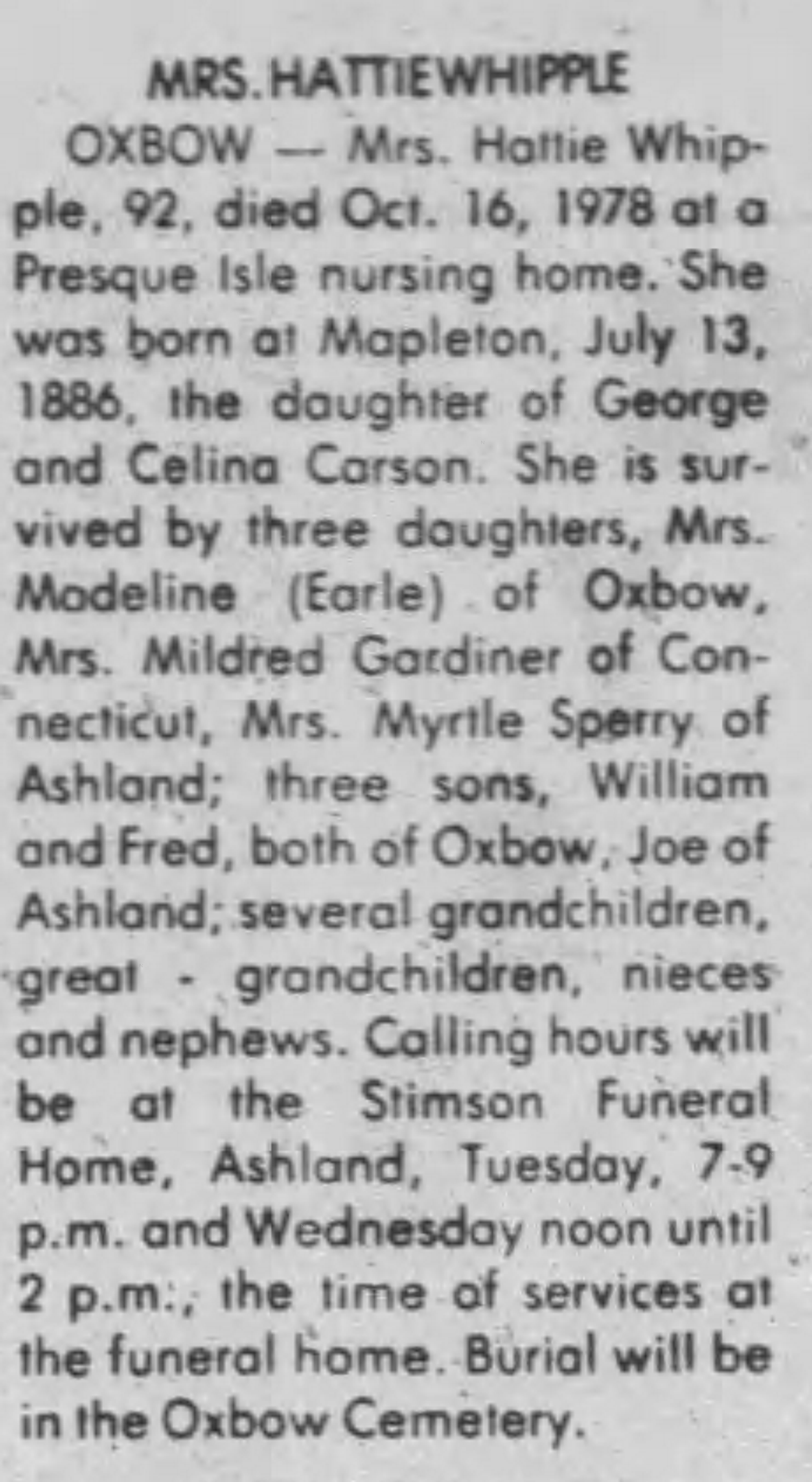 Obituary of Hattie Whipple in the Bangor Daily News, 17 October 1978 Obituary of Hattie Whipple in the Bangor Daily News, 17 October 1978