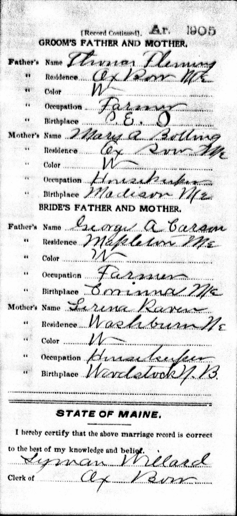 Marriage Record (back) — Fred Fleming and Vesta Carson Marriage Record (back) — Fred Fleming and Vesta Carson