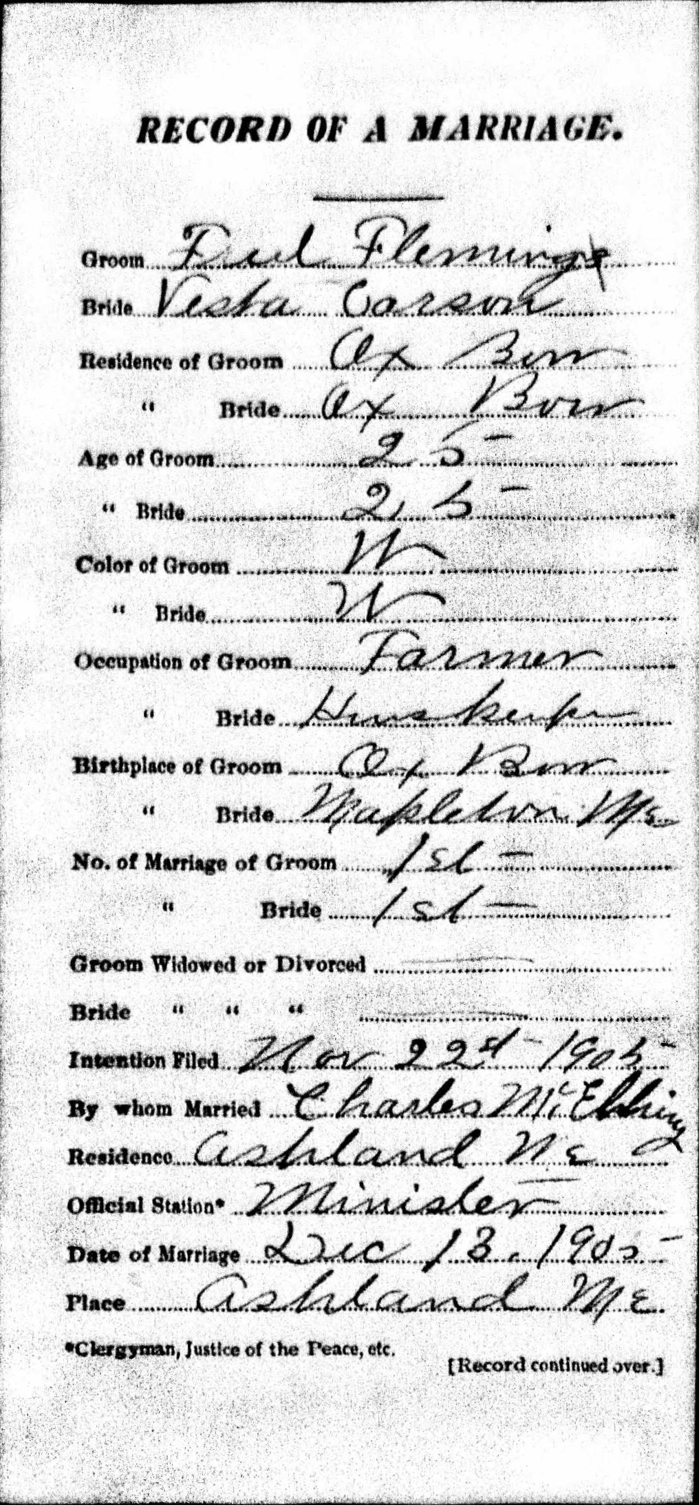 Marriage Record (front) — Fred Fleming and Vesta Carson Marriage Record (front) — Fred Fleming and Vesta Carson