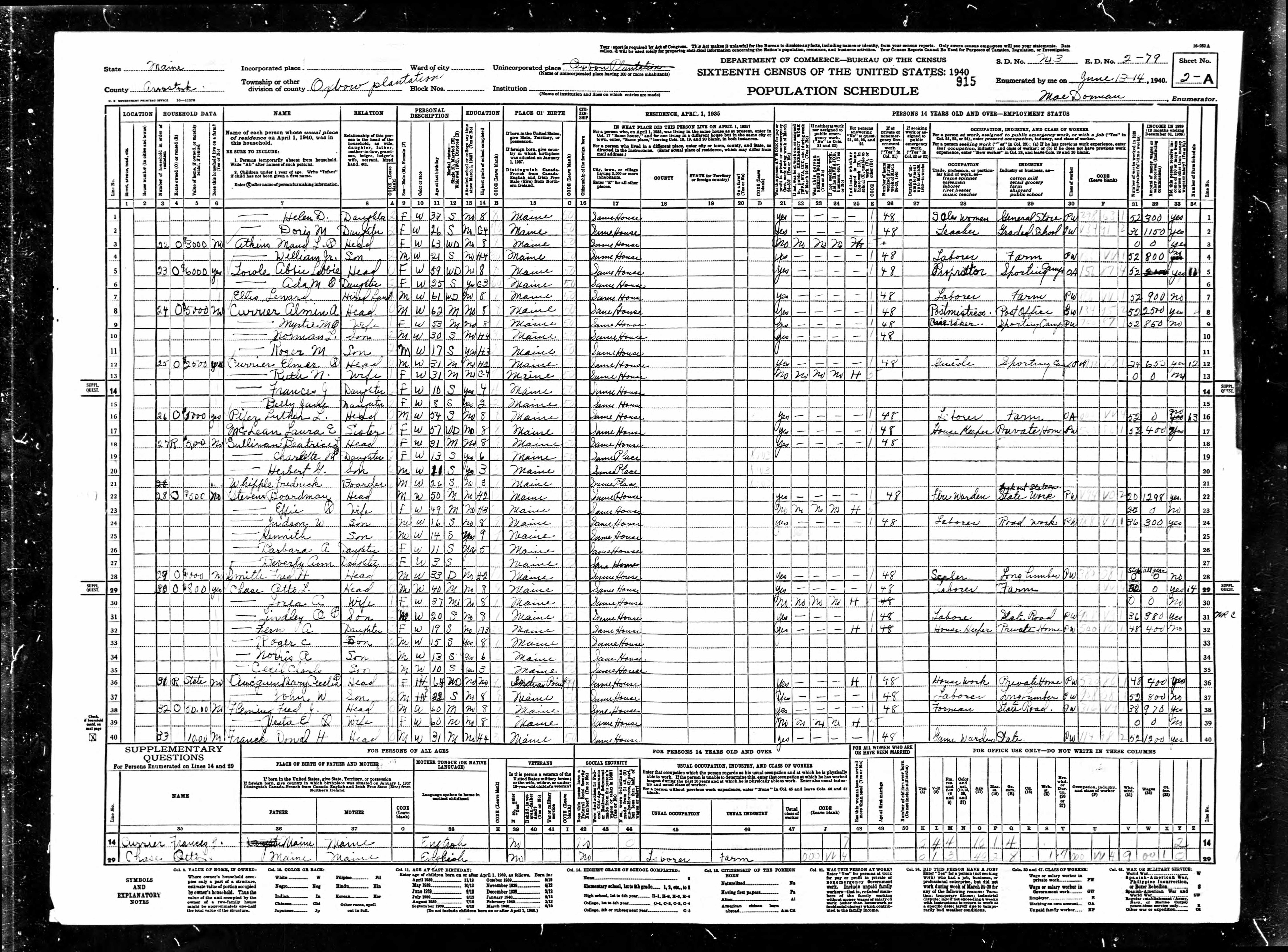 1940 US Census — Oxbow, Maine 1940 US Census — Oxbow, Maine