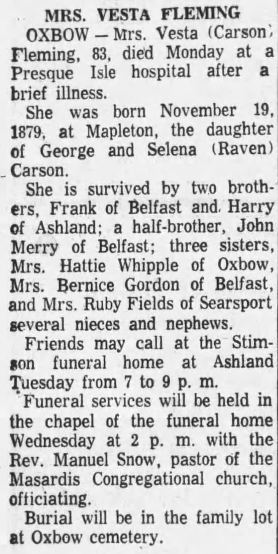 Obituary of Vesta Fleming in the Bangor Daily News, 13 August 1963 Obituary of Vesta Fleming in the Bangor Daily News, 13 August 1963