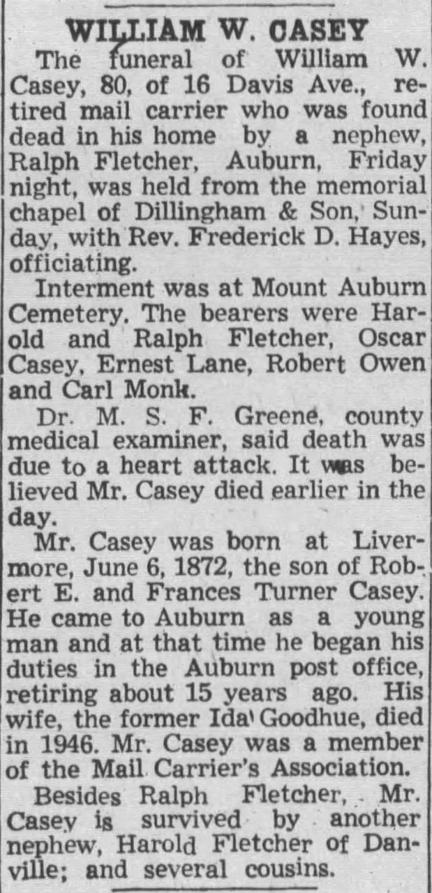 Obituary from Lewiston Daily Sun, 27 October 1952