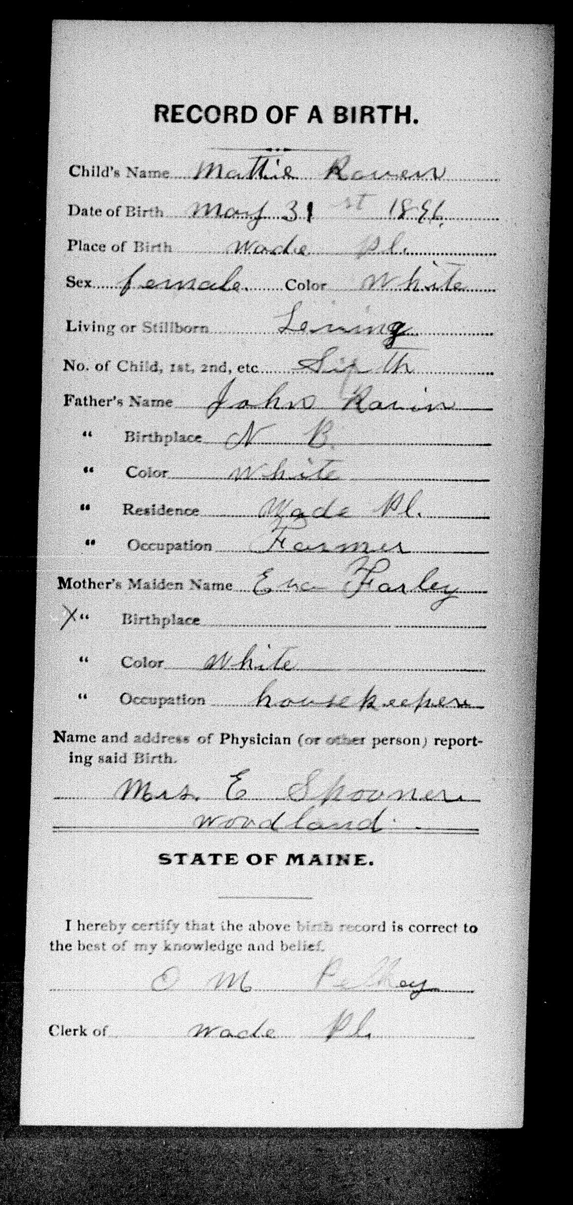 Mattie Raven 1896 Birth Record