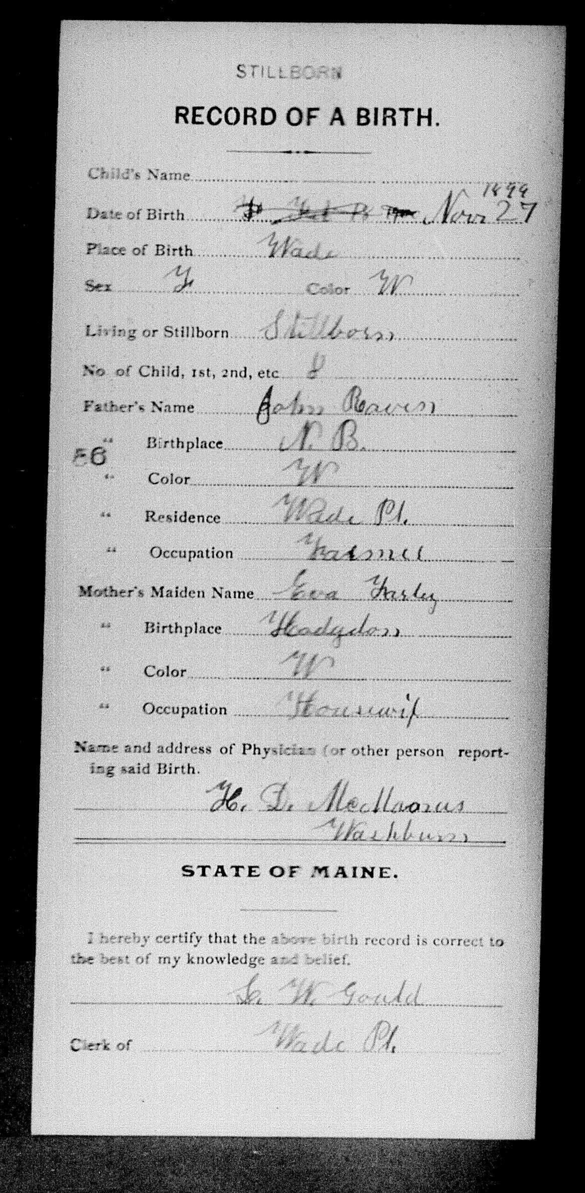 Stillborn Raven's 1899 Birth Record