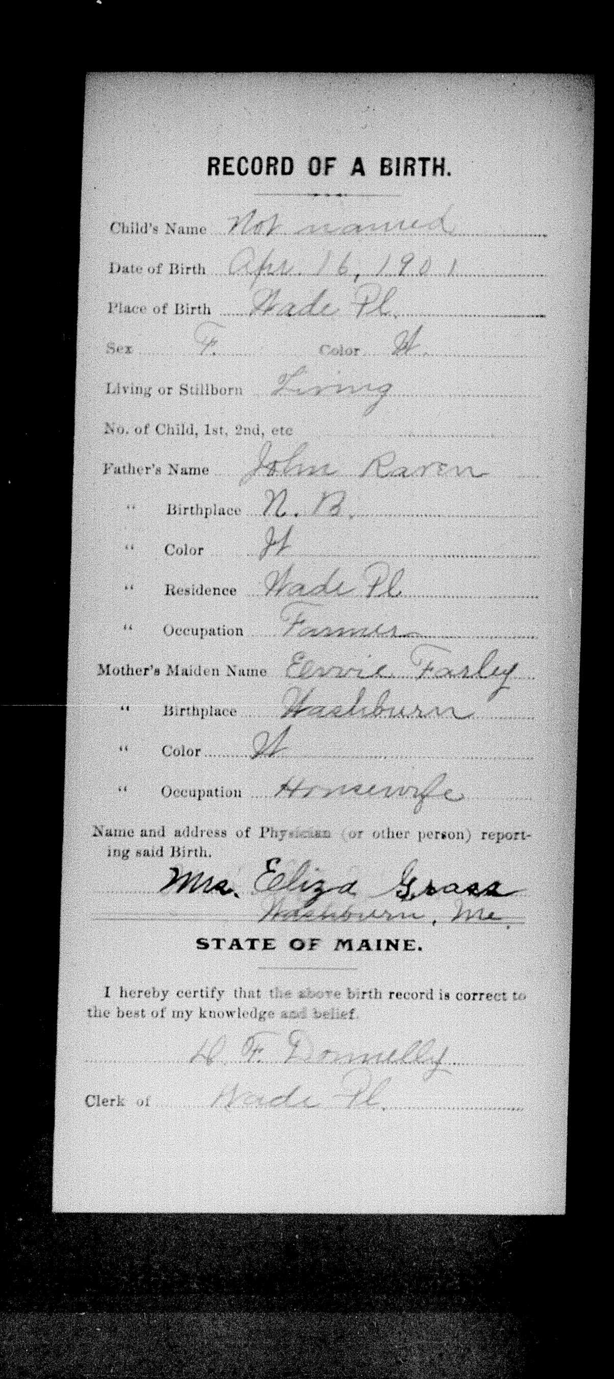 Lila Alta Raven 1901 Birth Record