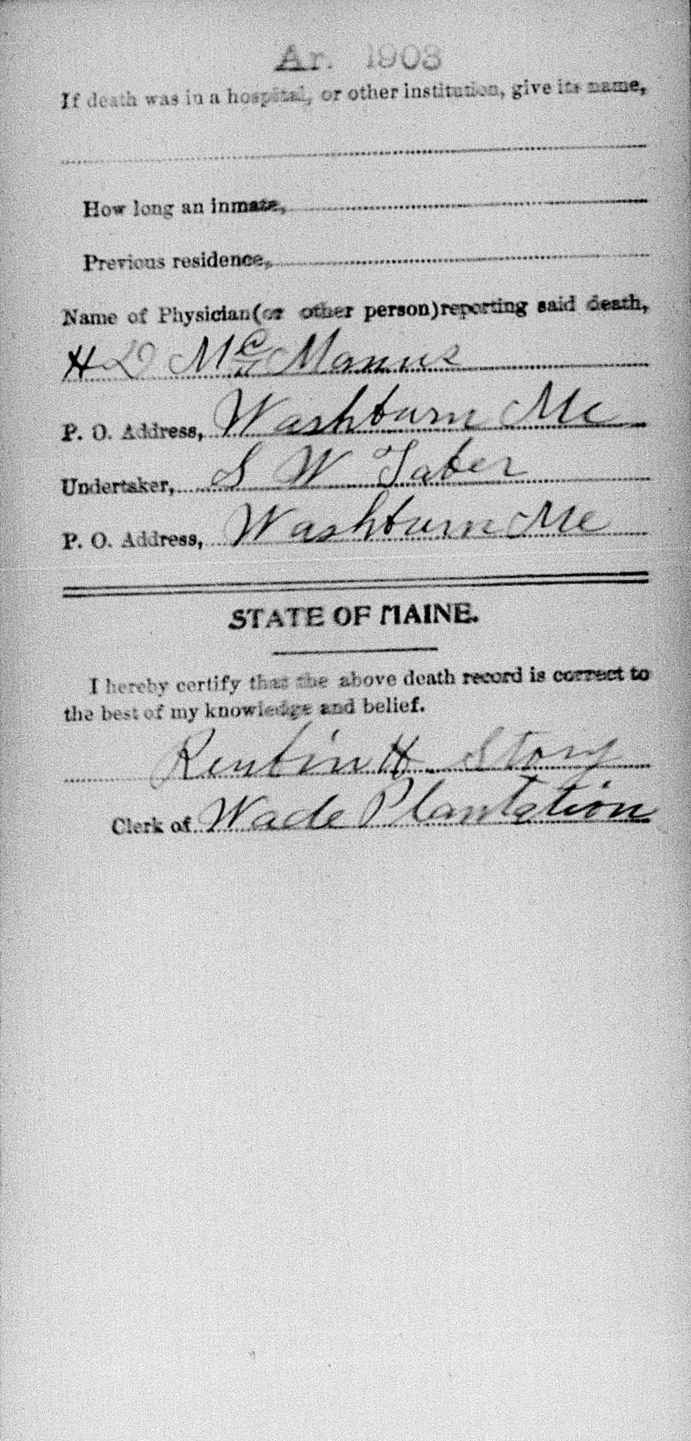 Evelyn Raven - 1903 Death Record (back)