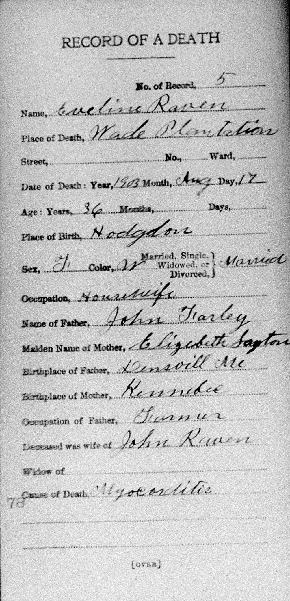 Evelyn Raven - 1903 Death Record (front)