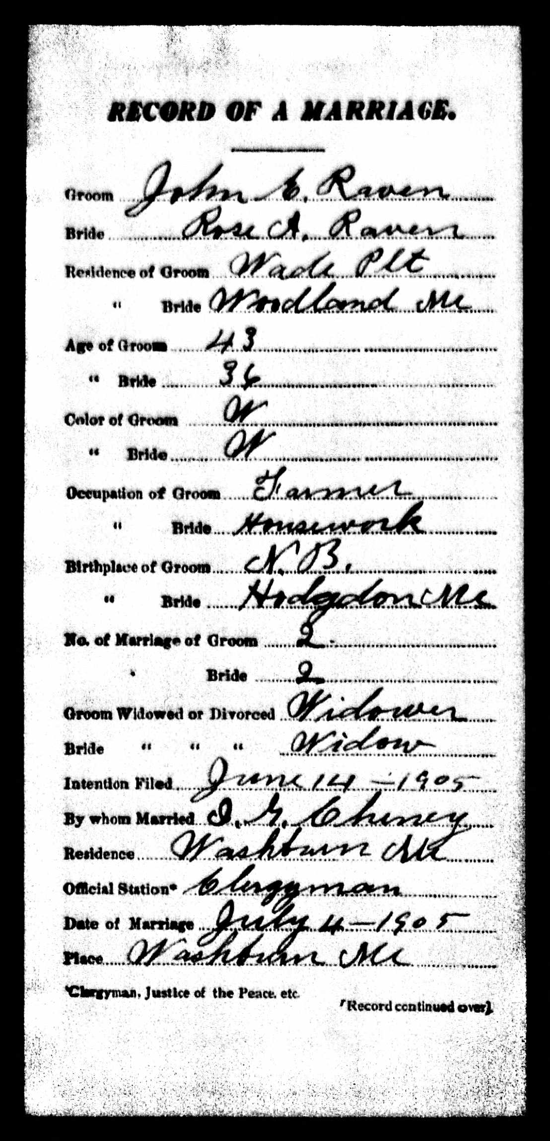 John and Rose Raven 1905 Marriage Record (front)