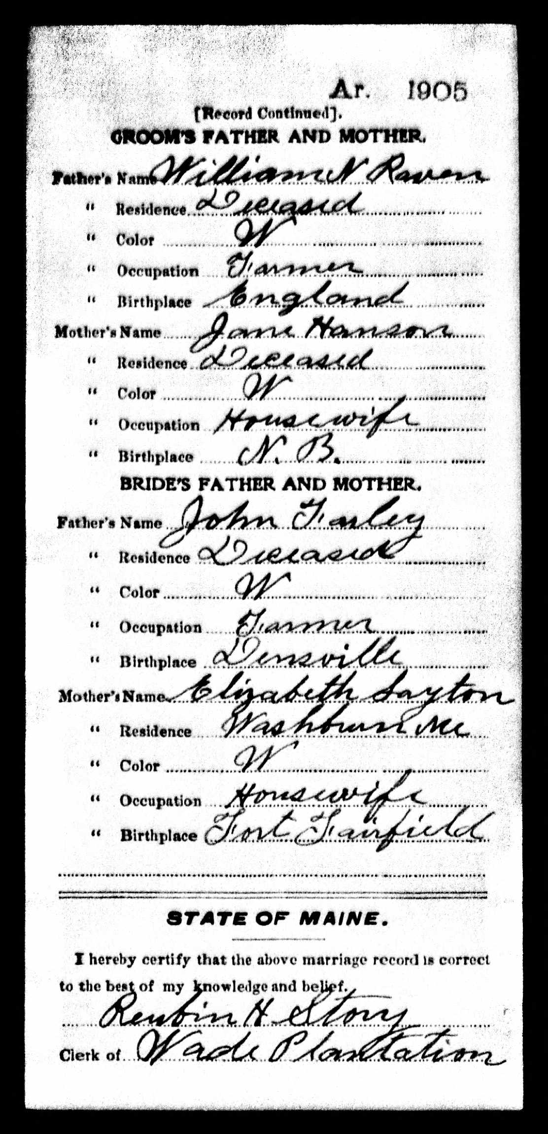 John and Rose Raven 1905 Marriage Record (back)