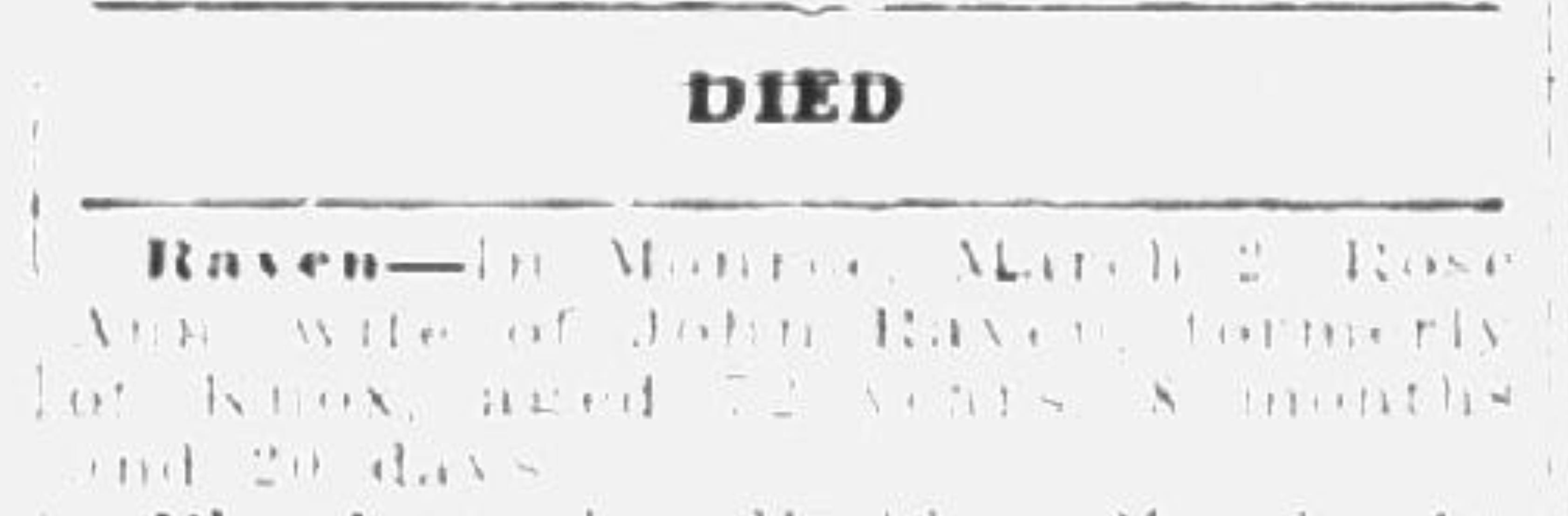 Death Notice for Rose Ann Raven in The Republican Journal, 19 March 1942 Death Notice for Rose Ann Raven in The Republican Journal, 19 March 1942