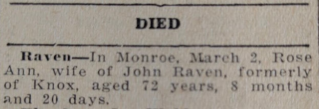Death Notice for Rose Ann Raven in The Republican Journal, 19 March 1942