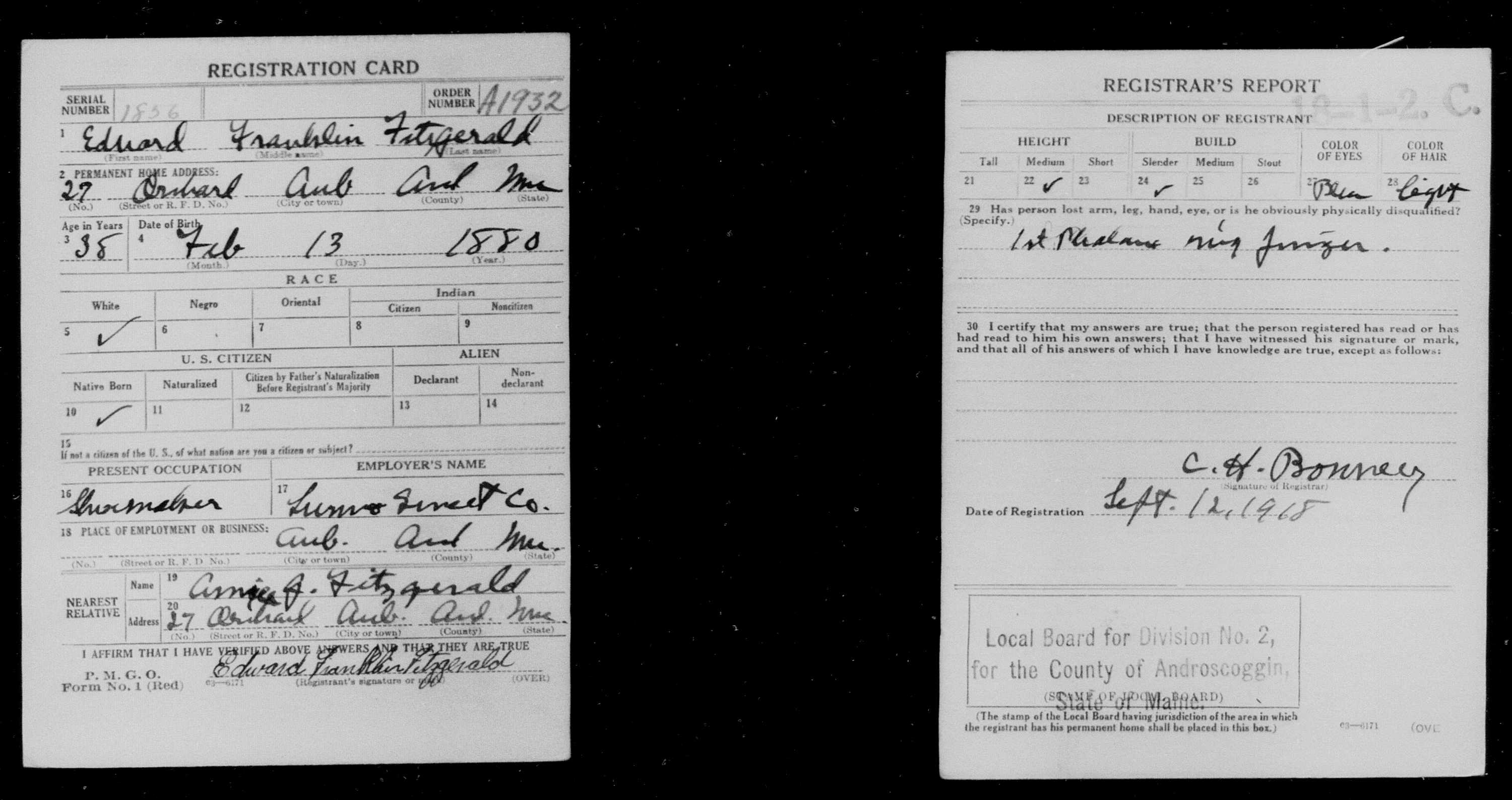 World War I Draft Card for Edward Franklin Fitzgerald